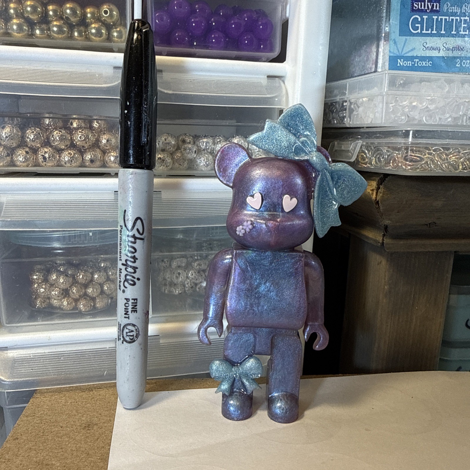 Bear brick inspired resin bear one of a kind purple blue pastel
