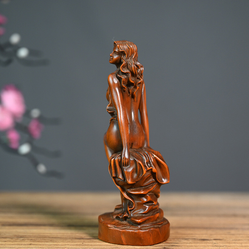 Chinese Boxwood Wood Carving Sexy Beautiful Woman Statue Wooden Sculpture Decor