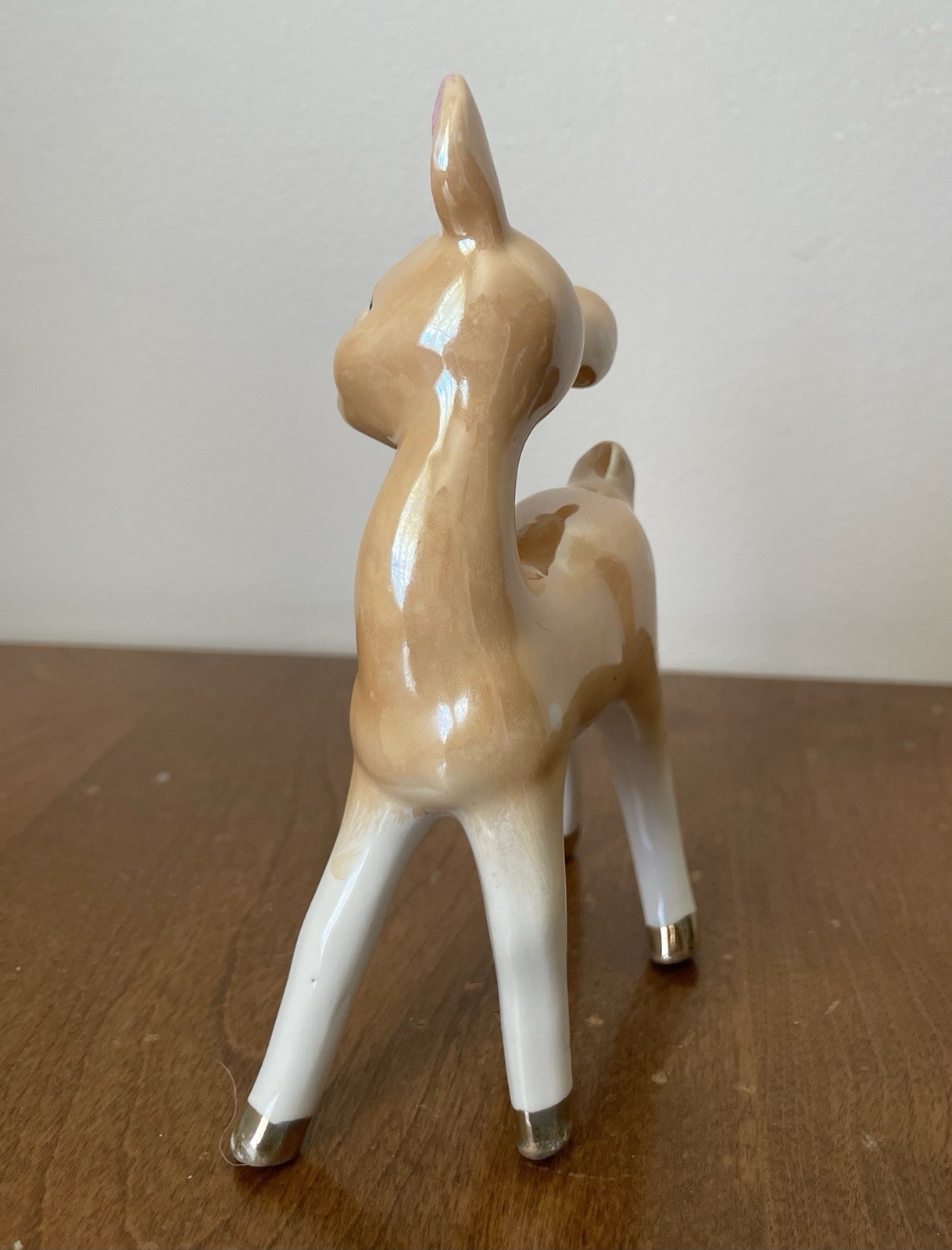 Vintage 1950s Lustreware Fawn Porcelain Cute Kitsch Baby Deer Figurine Gold Feet
