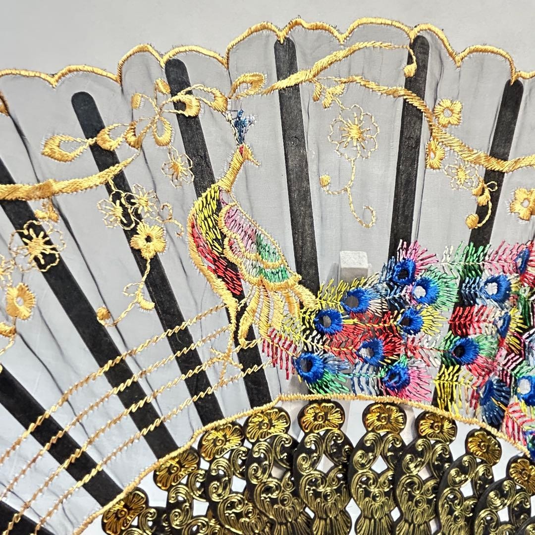 Peacock Embroidery Fan Lace Decor for Dance Photography Cosplay 9.4in