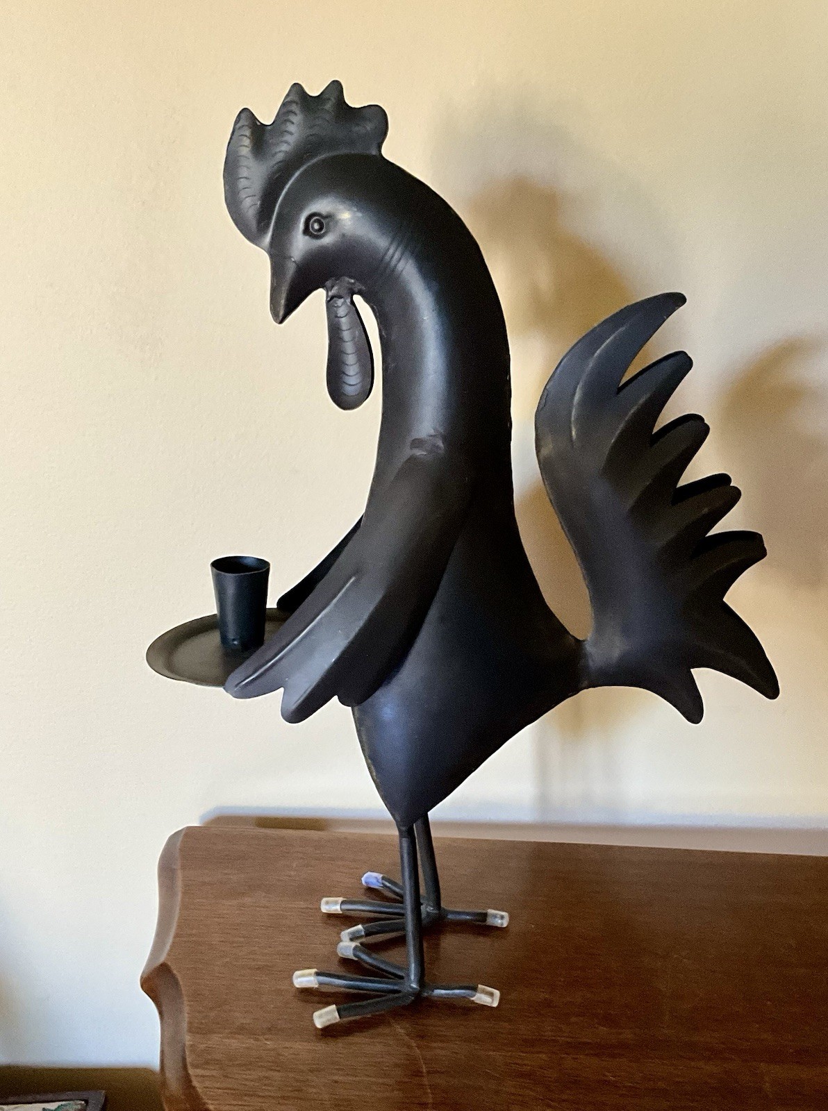 Large 16.5” Black Welded Metal Art ~ ROOSTER WAITER Serving Drinks EXCELLENT