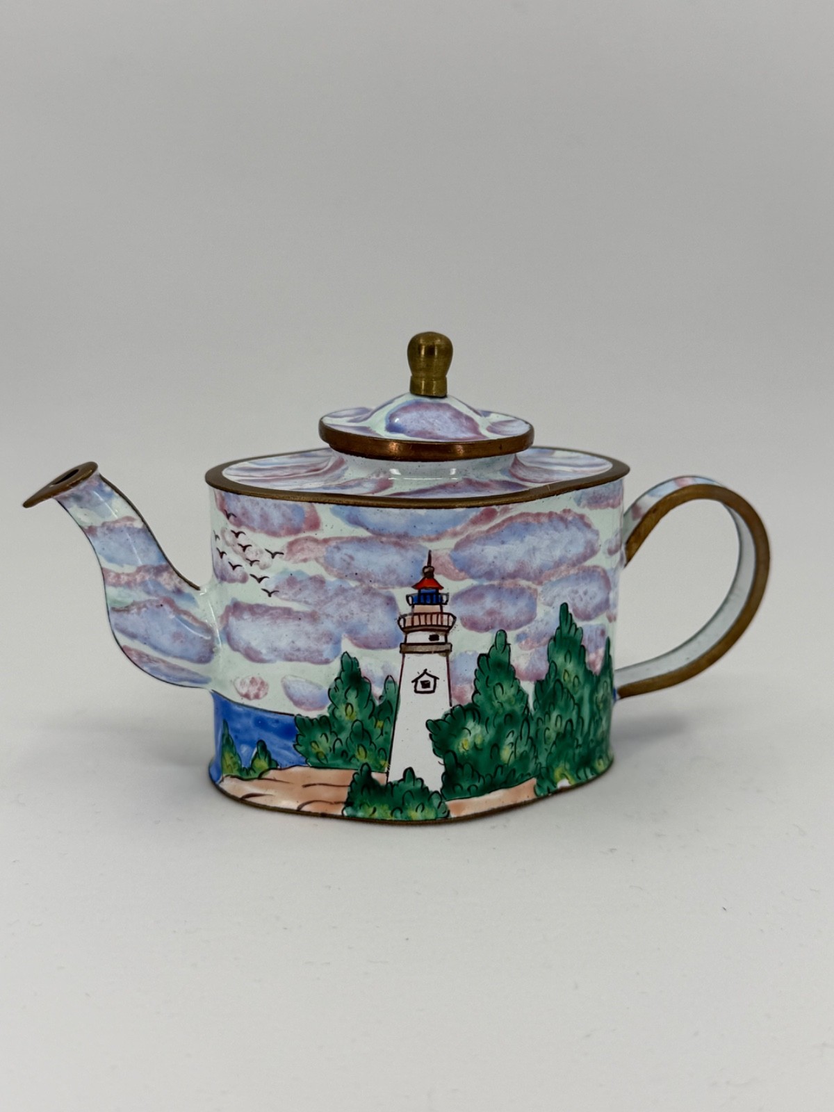 Kelvin Chen Miniature Enamel Teapot Lighthouse Scene 1999 Hand Painted Hinged Li