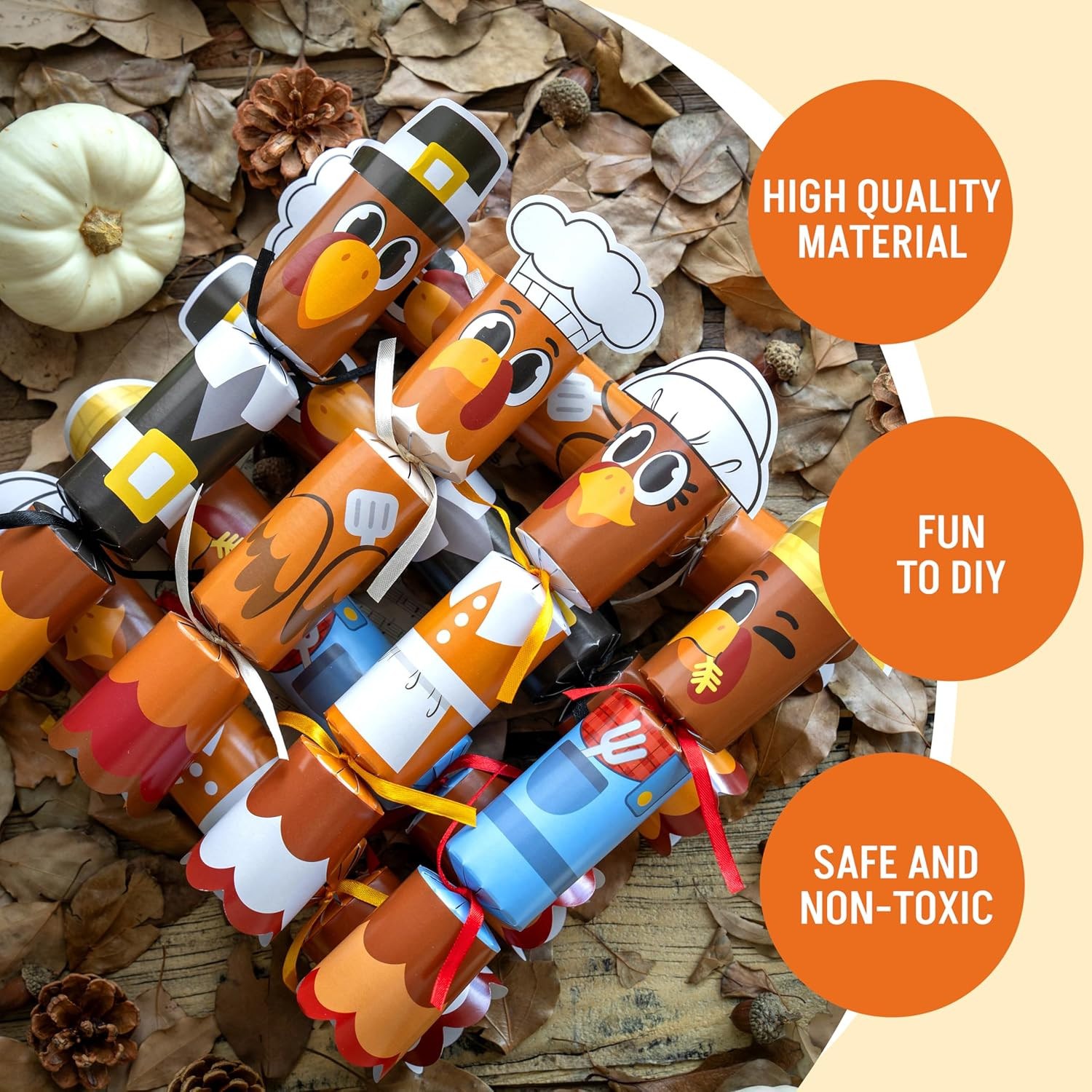 8-Pack Thanksgiving No-Snap Party Favors, 10in Turkey Characters, Fall Prize Set