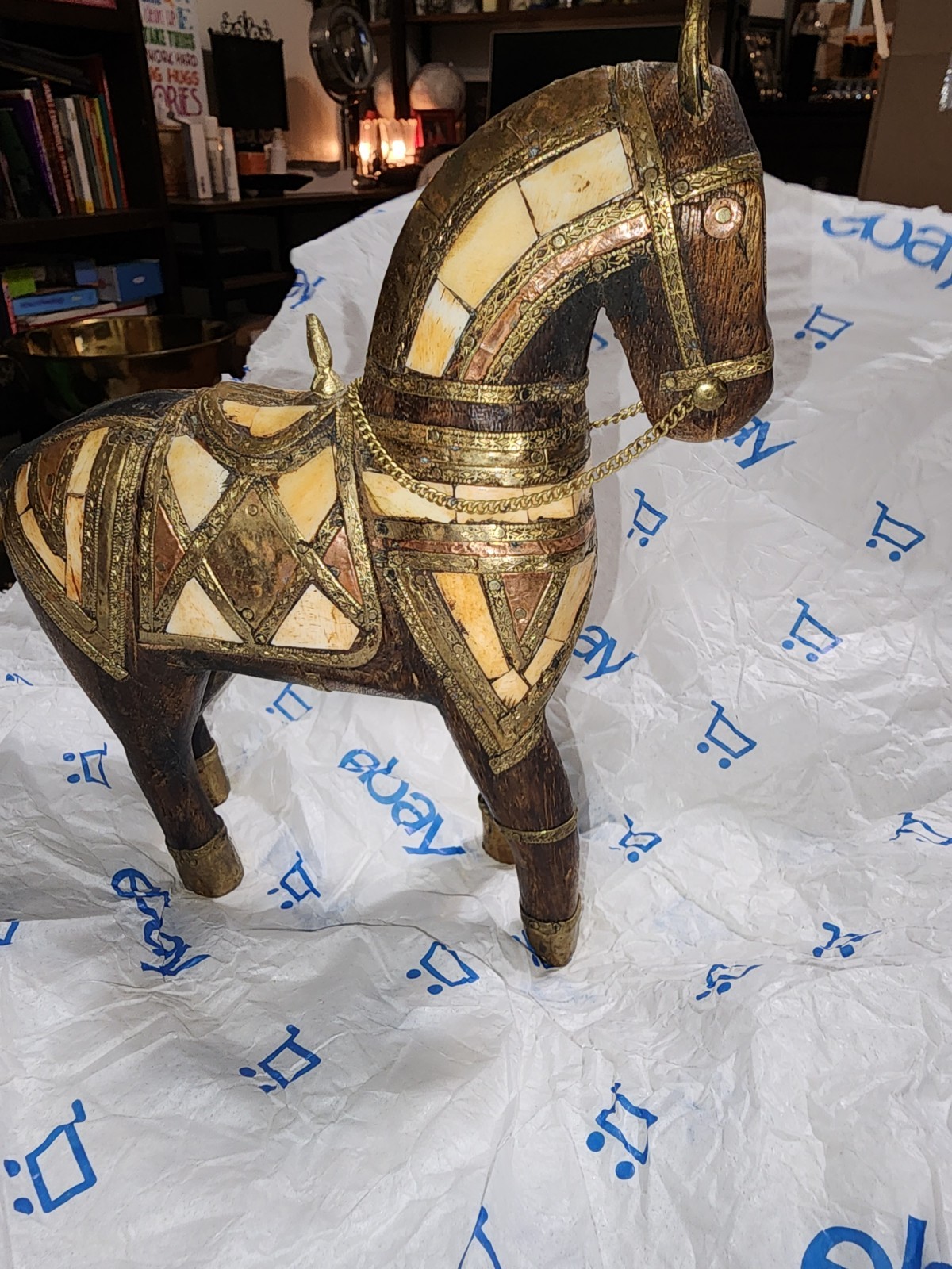 Antique Hand Carved Wood Armored Horse Hammered Copper Brass Inlay Folk Wooden