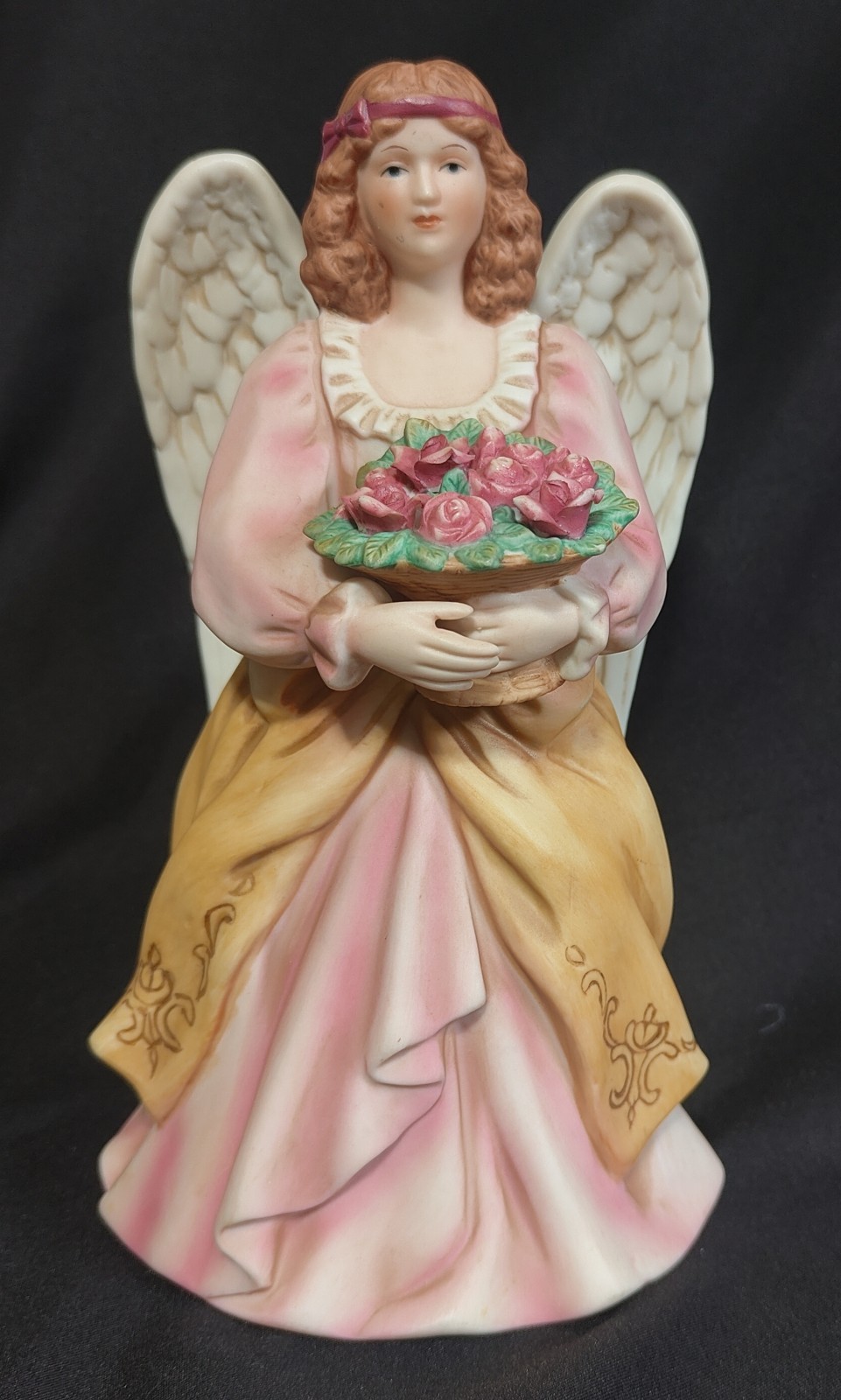 Vintage Home Interiors Homco Angel Figurine Holding Roses Pink Gold Wings 7 3/4″