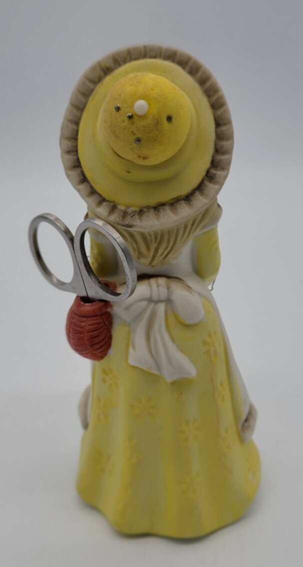 Vintage Hand Painted Bisque Seamstress Caddy Pin Cushion Girl Figurine
