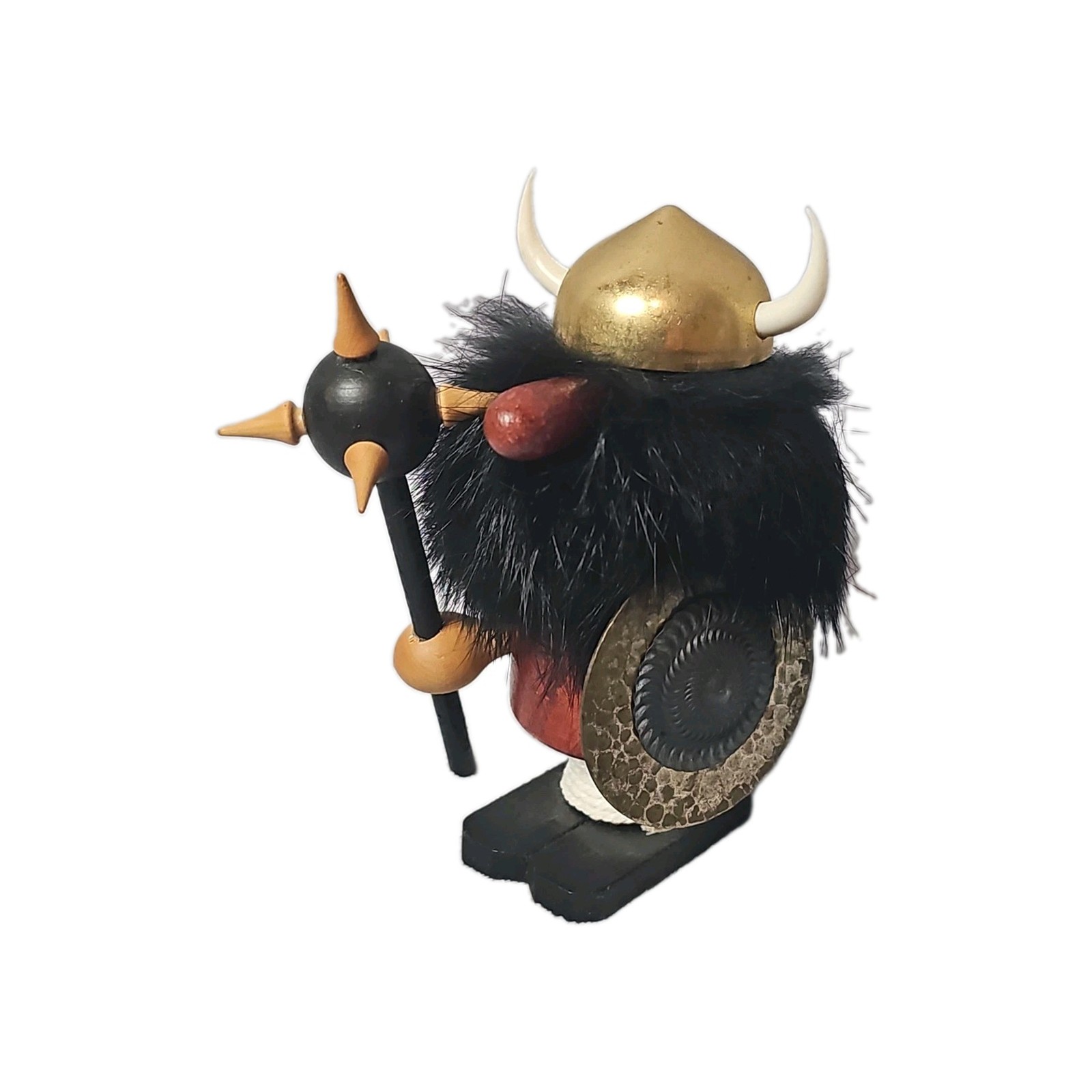 VTG Nordic Warrior Viking MCM Carved Teak Wood Statue Folk Art Brass Accents 5″