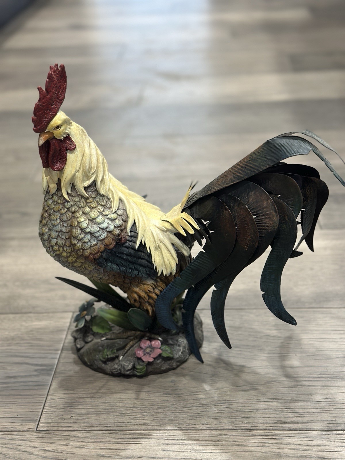 Vintage Resin Rooster Statue With Sheet Metal Tail Feathers Beautiful Piece