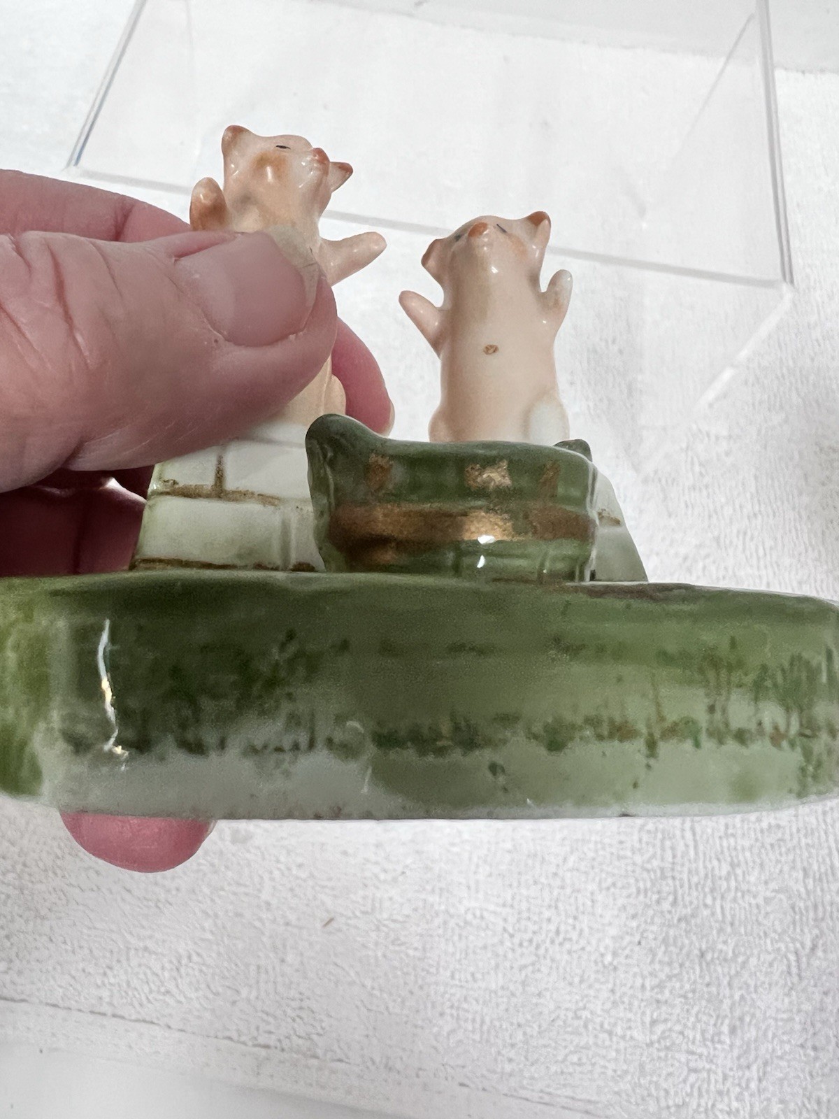 Antique German Pink Pigs Fairing Green Bucket White Wall Dish Toothpick Holder