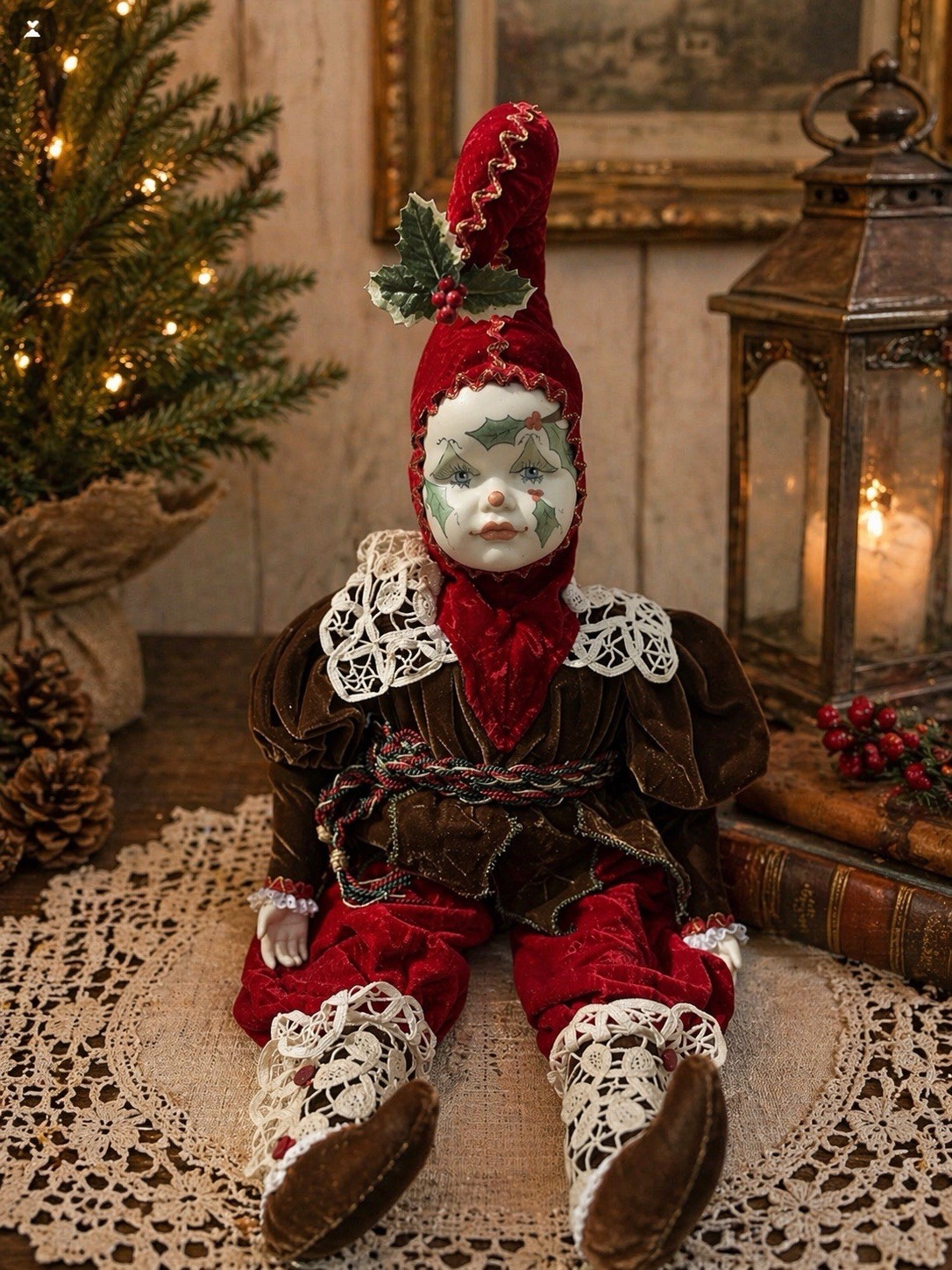 Rare Vintage Jester Elf Doll Porcelain Face Holiday Shelf Sitter Hand Painted