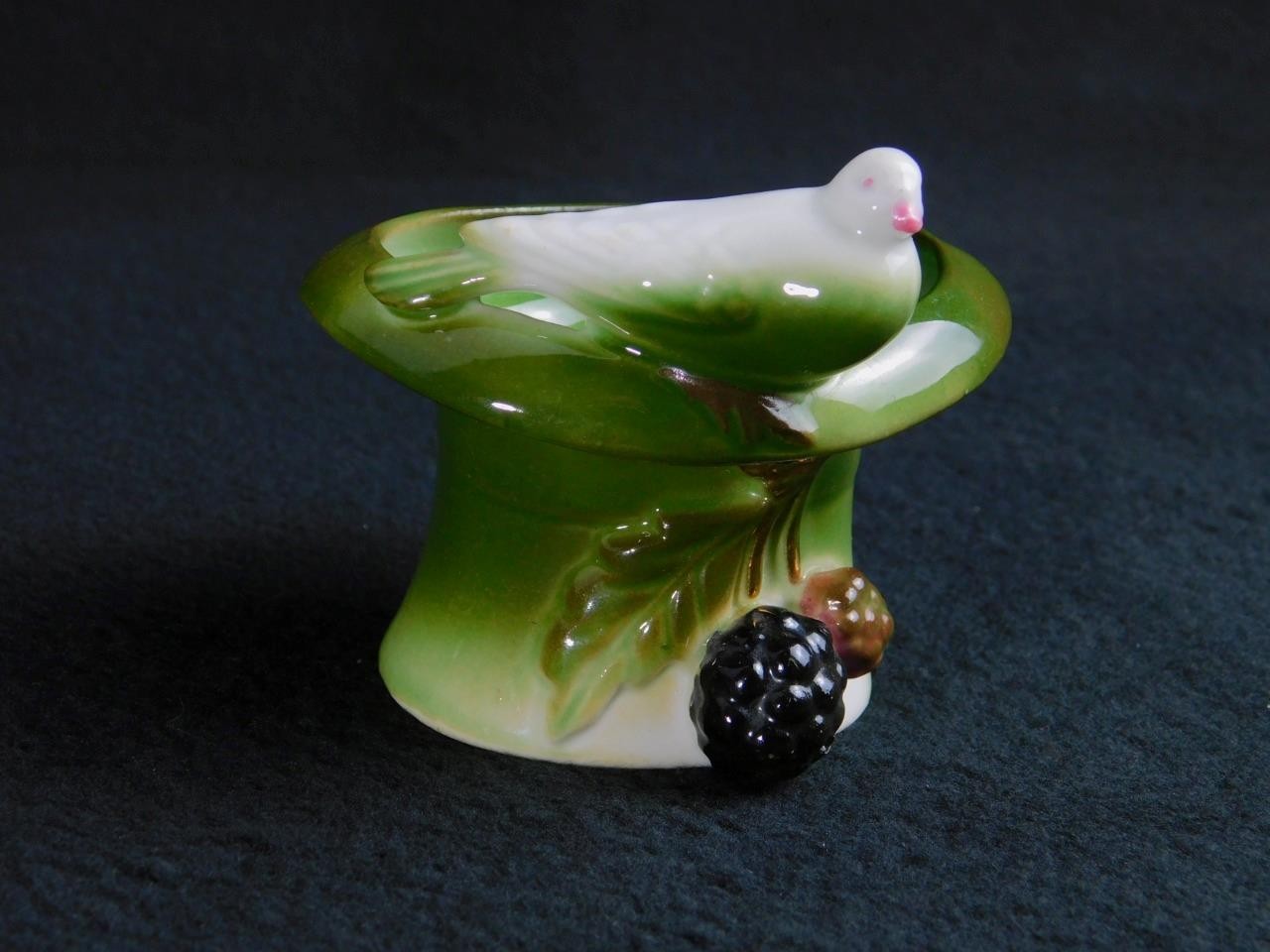German Fairing Porcelain White Dove on Top Hat with Berries Antique
