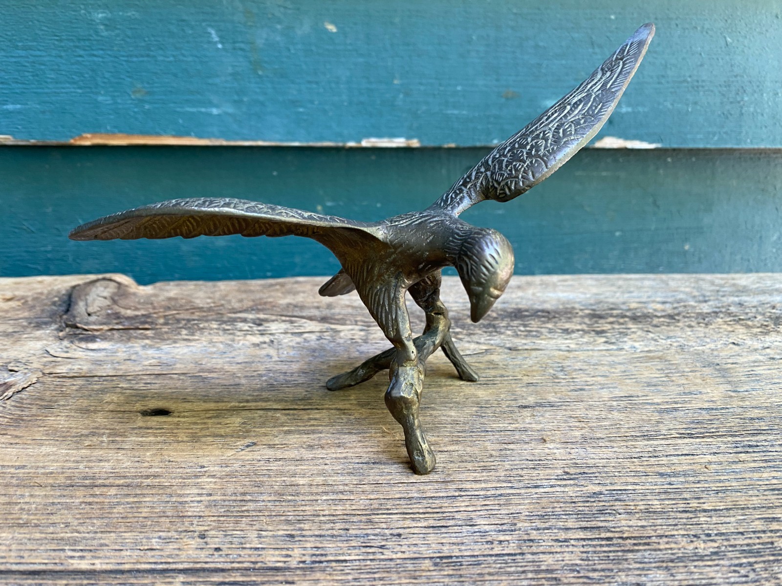 Vintage Brass American Bald Eagle on a Branch Cast Iron Wingspan 6″ Wide