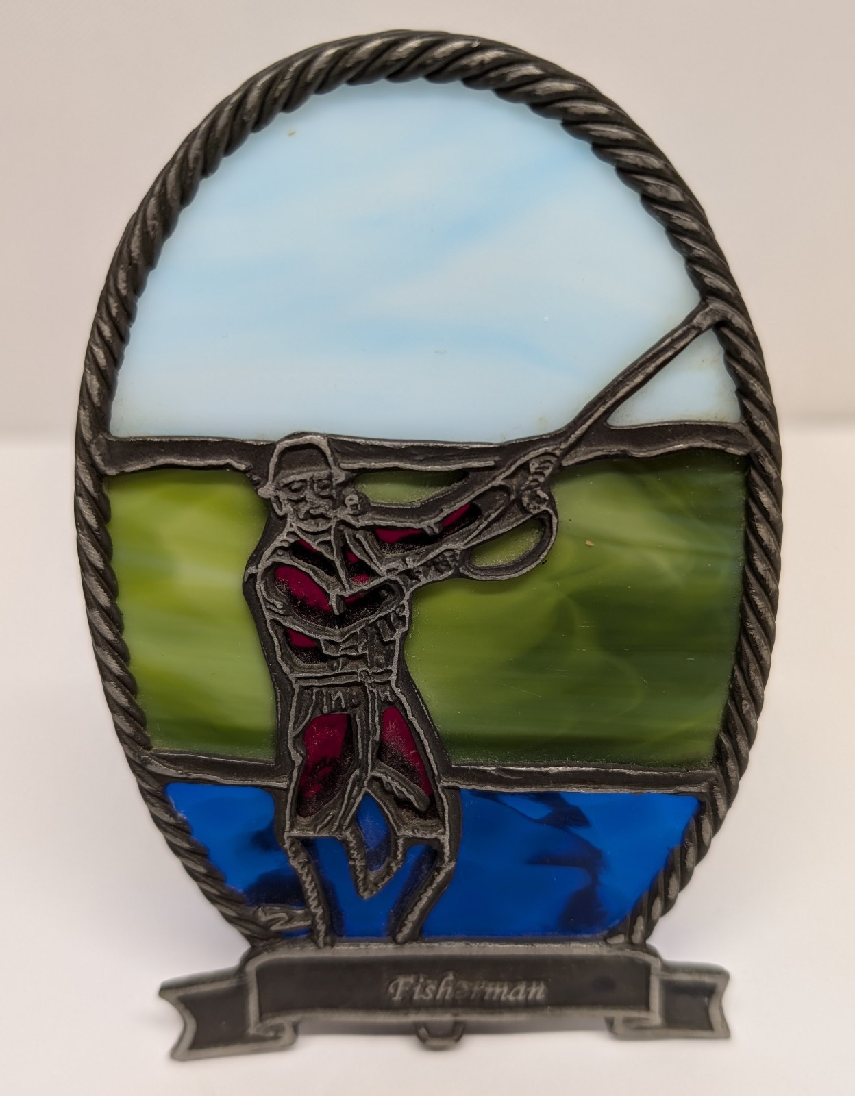 Vtg. Forma Vitrum Stained Glass & Pewter Fisherman Small Free Standing Plaque