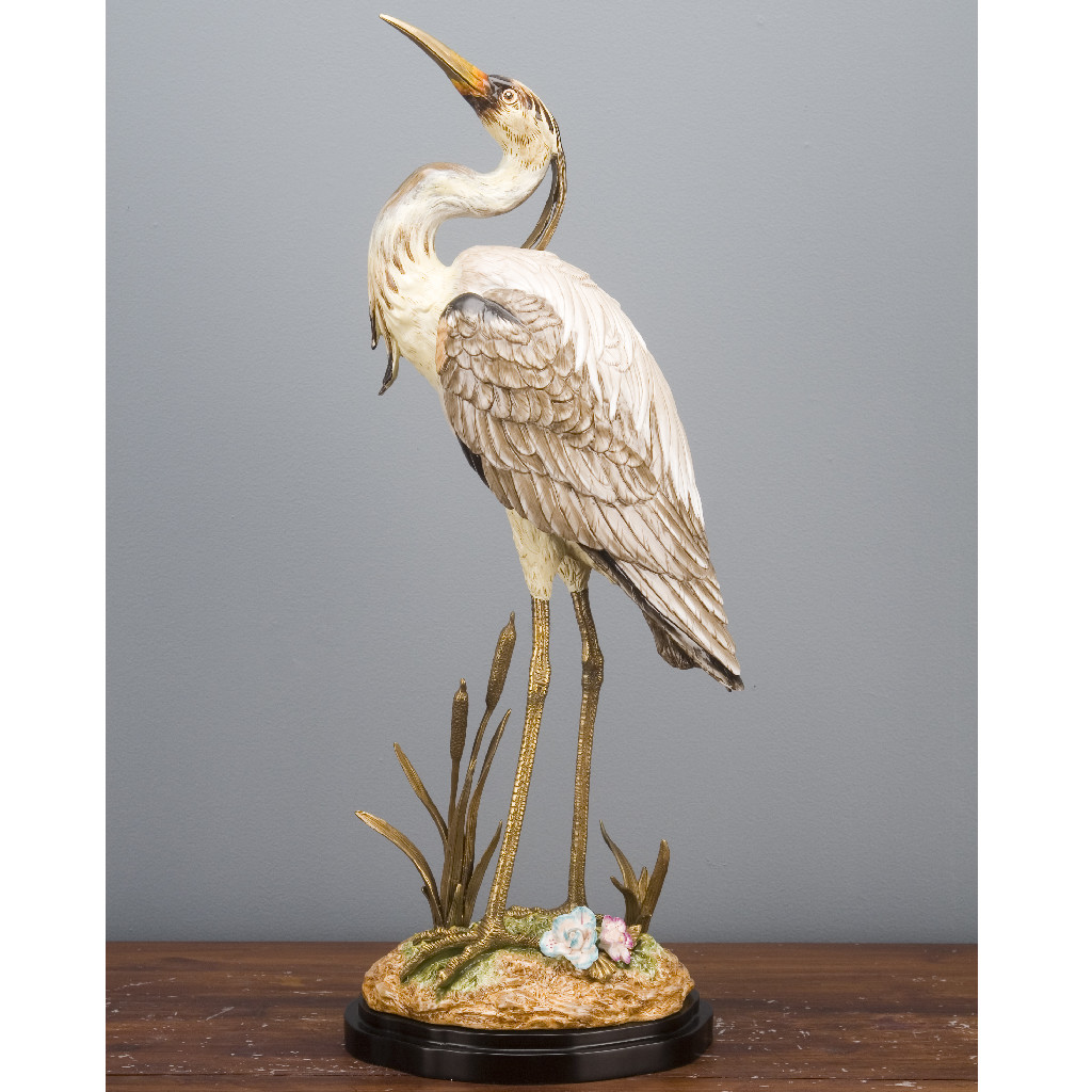 PORCELAIN AND BRONZE ORMOLU CRANE bird FIGURINE SCULPTURE 24″