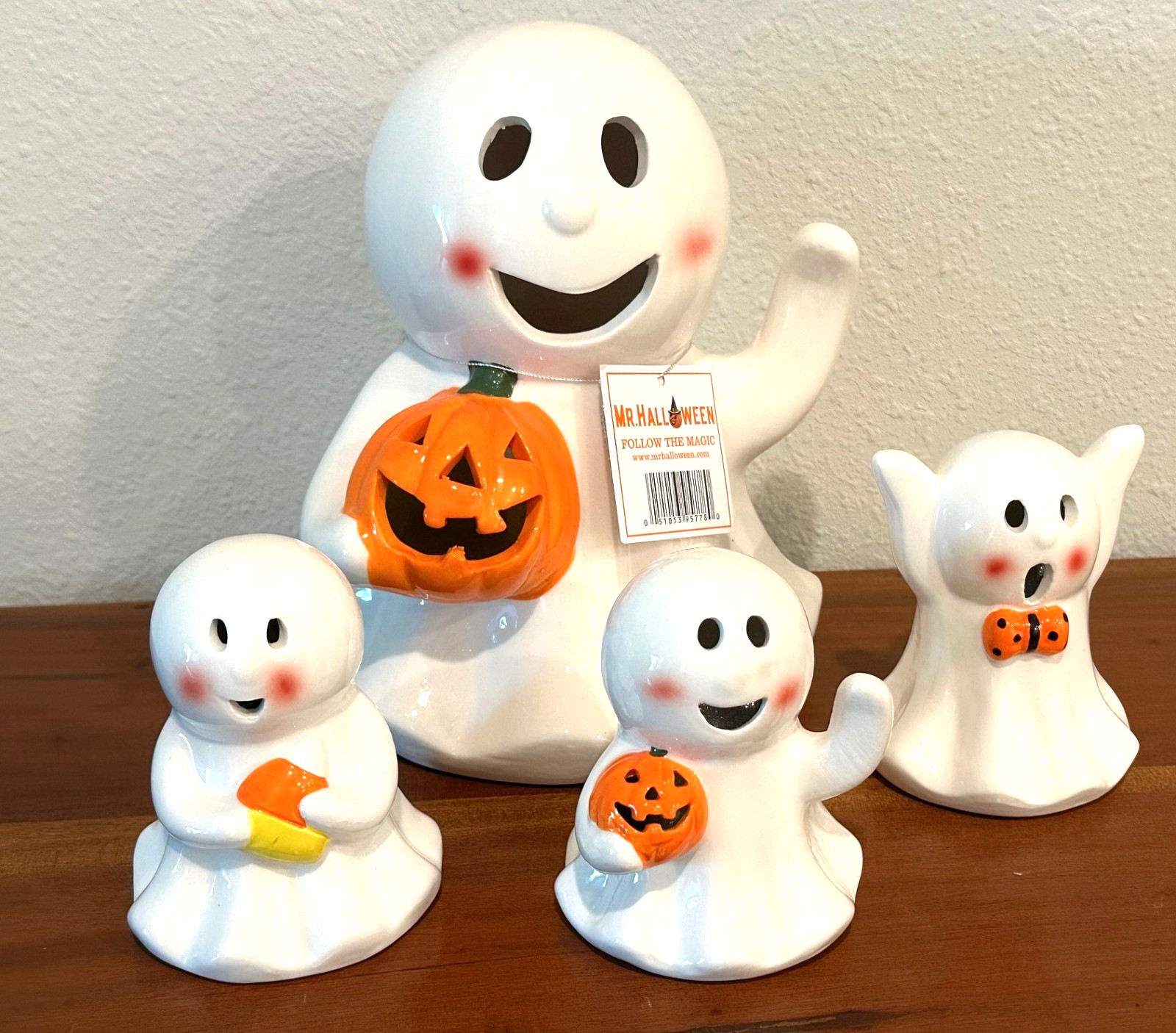 Set of 4 Mr. Halloween Ceramic Ghost Figurines LED Light