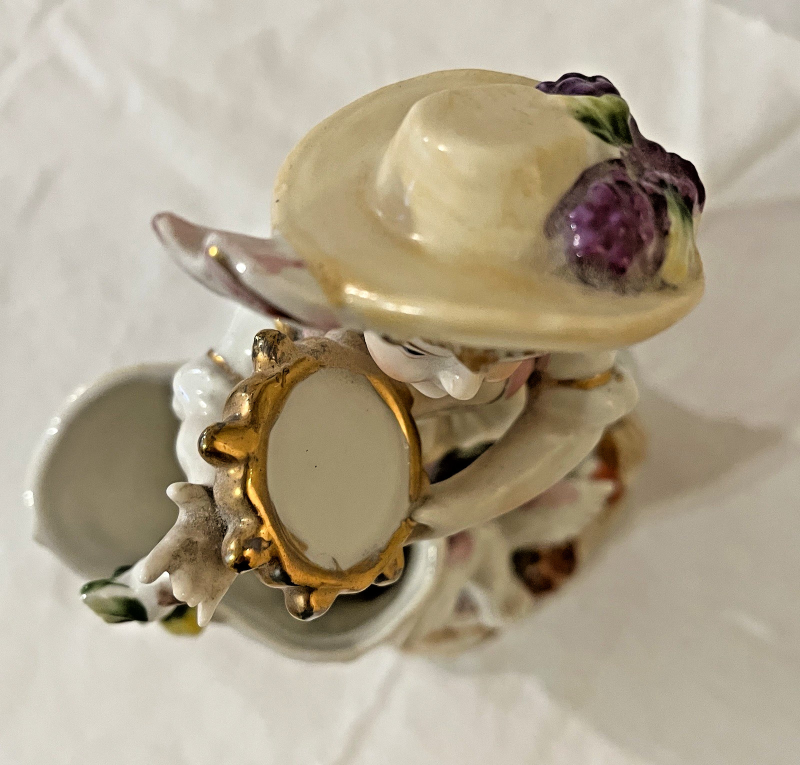Antique Porcelain Figure Rococo Style Lady with Tambourine and Cornucopia, Bird