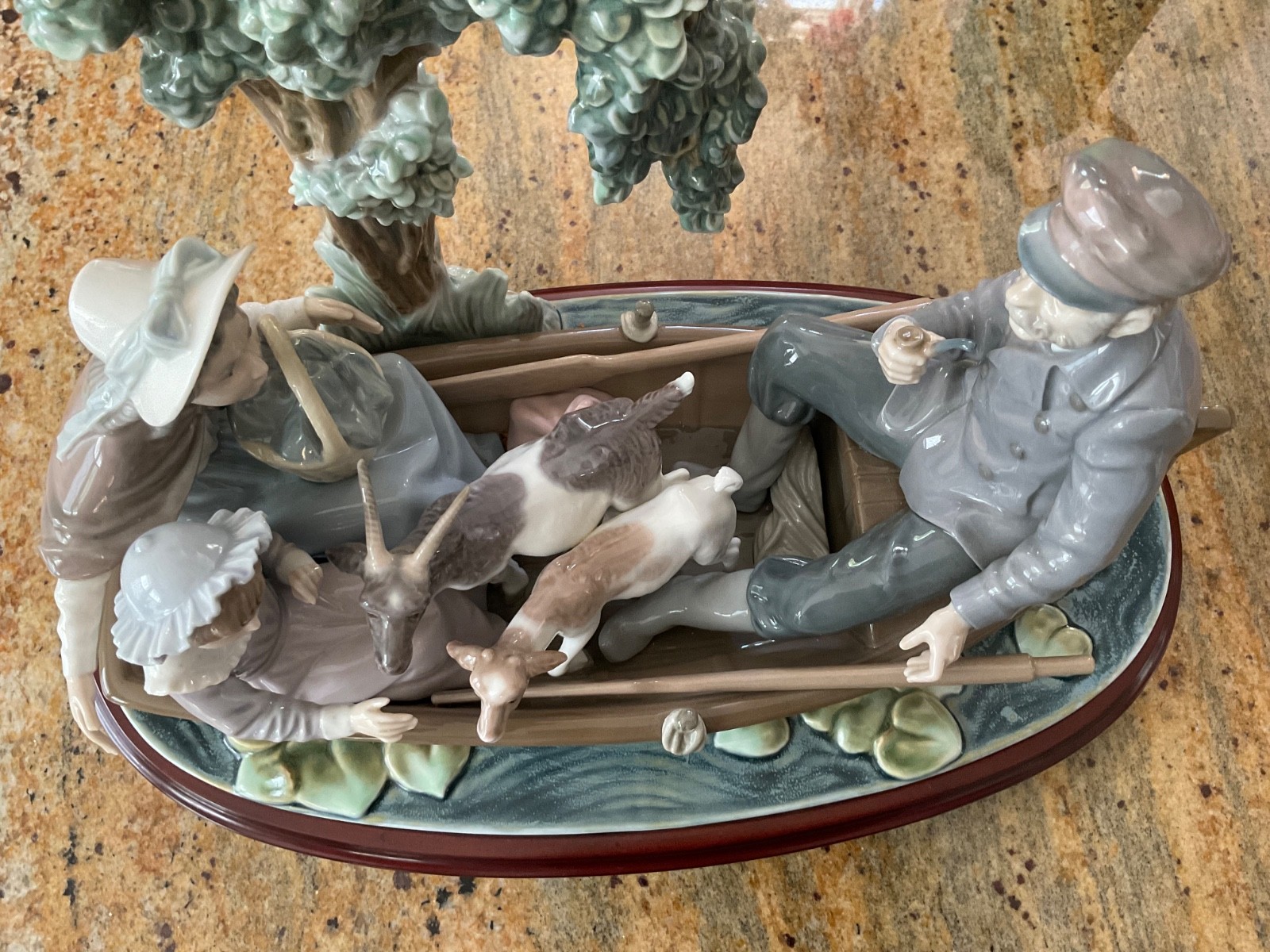 Retired Lladro Porcelain Figurine “On the Lake” #5216, Man, Family, Goats Boat