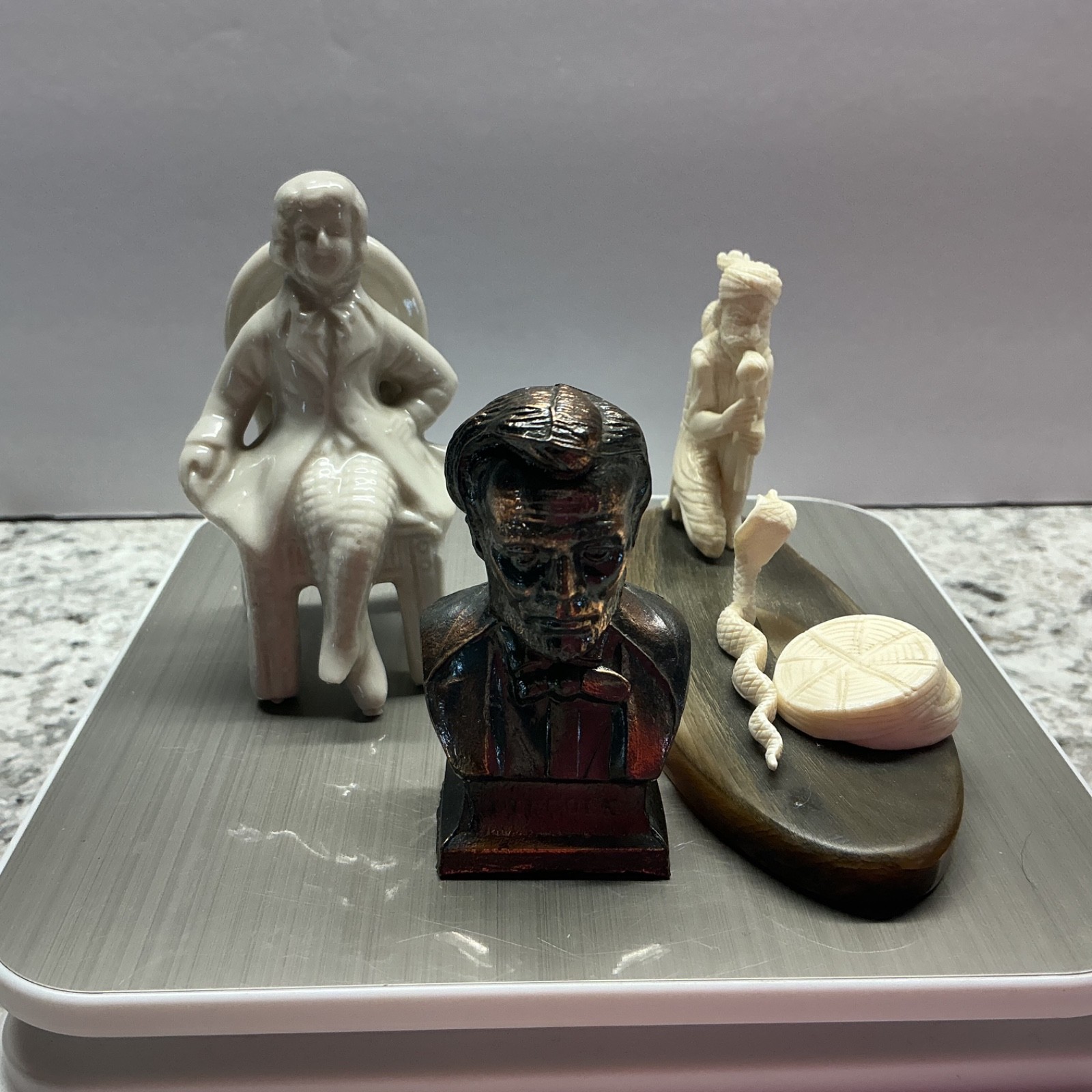 Lot of 3 Figures Bronze Abraham Lincoln/Porcelain Man/Indian Snake Charmers