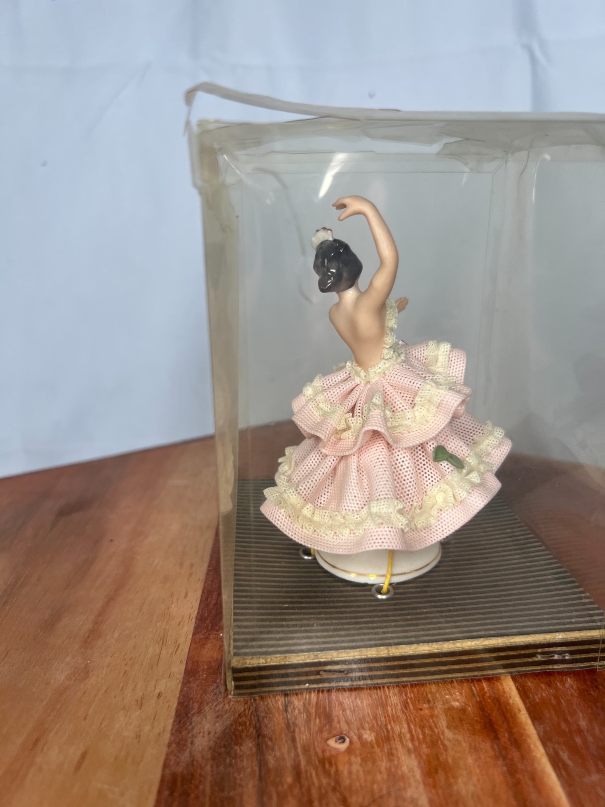 Vintage German Dresden Porcelain Lace Ballerina Figurine Display Case Pink Tutu