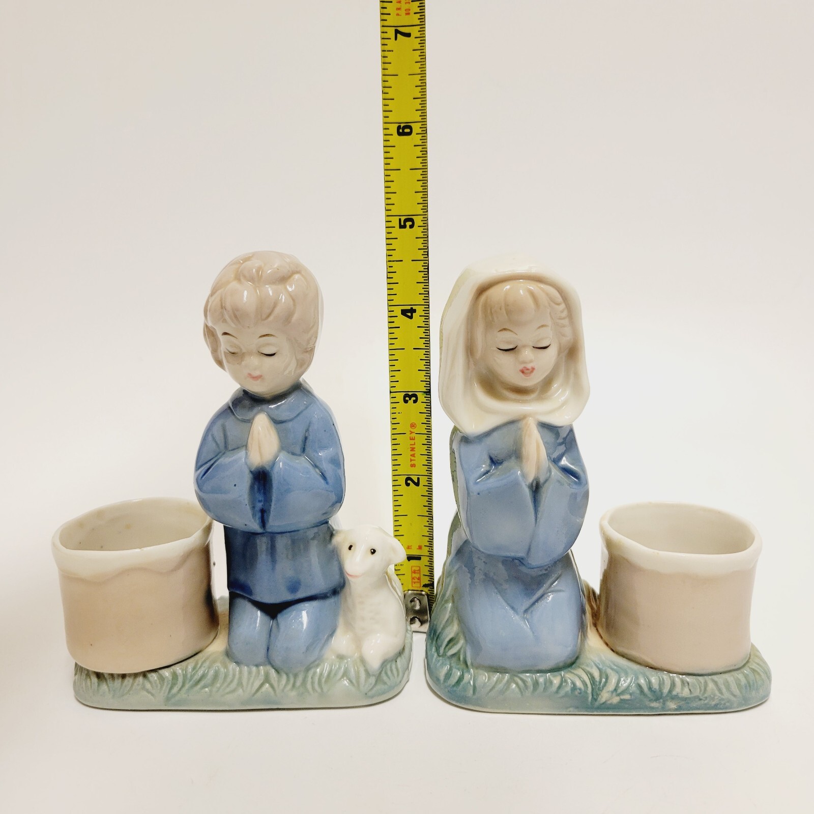 Praying Girl & Boy w/ Lamb Figurine Candle Toothpick Holder Set of 2 Vtg 1980s