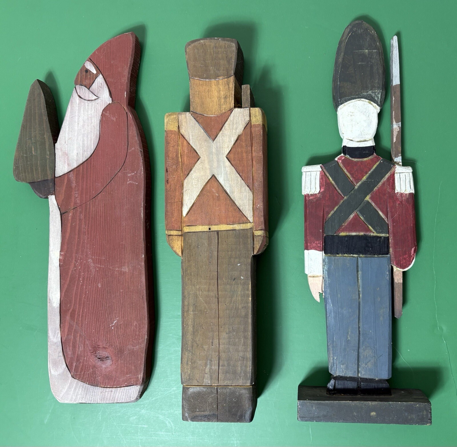 Lot Of 3 Wooden Hand Carved Christmas Characters Santa & Toy Soldiers, Stamp PVW