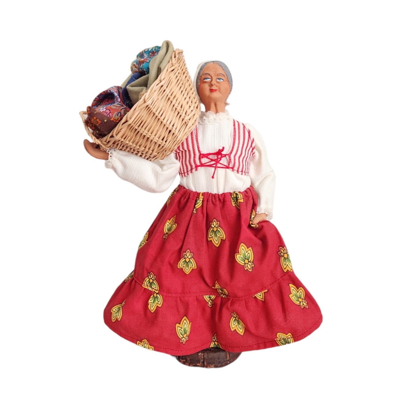 Terracotta Old Woman Figurine Statue With Wicker Laundry Basket Art Pottery Doll