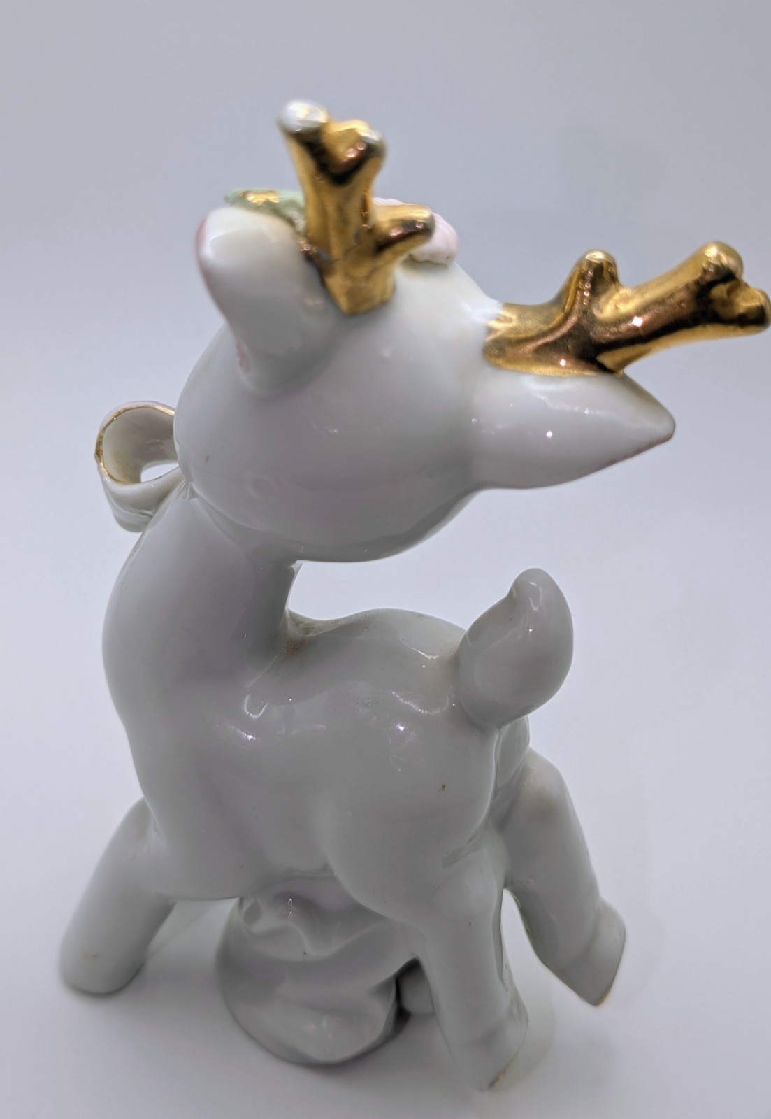 Vintage Napco Ceramic Deer Figurine Big Eye Fawn 5″ Japan Kitsch Purple Bow