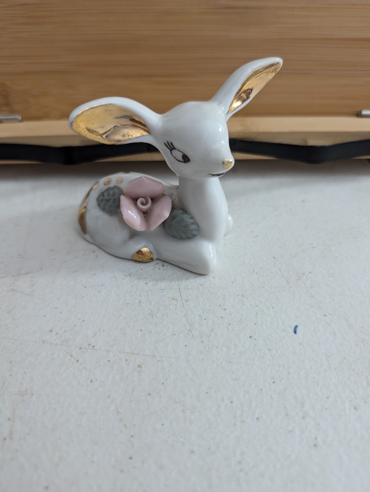 Vintage 1960s Porcelain White And Gold Deer Fawn