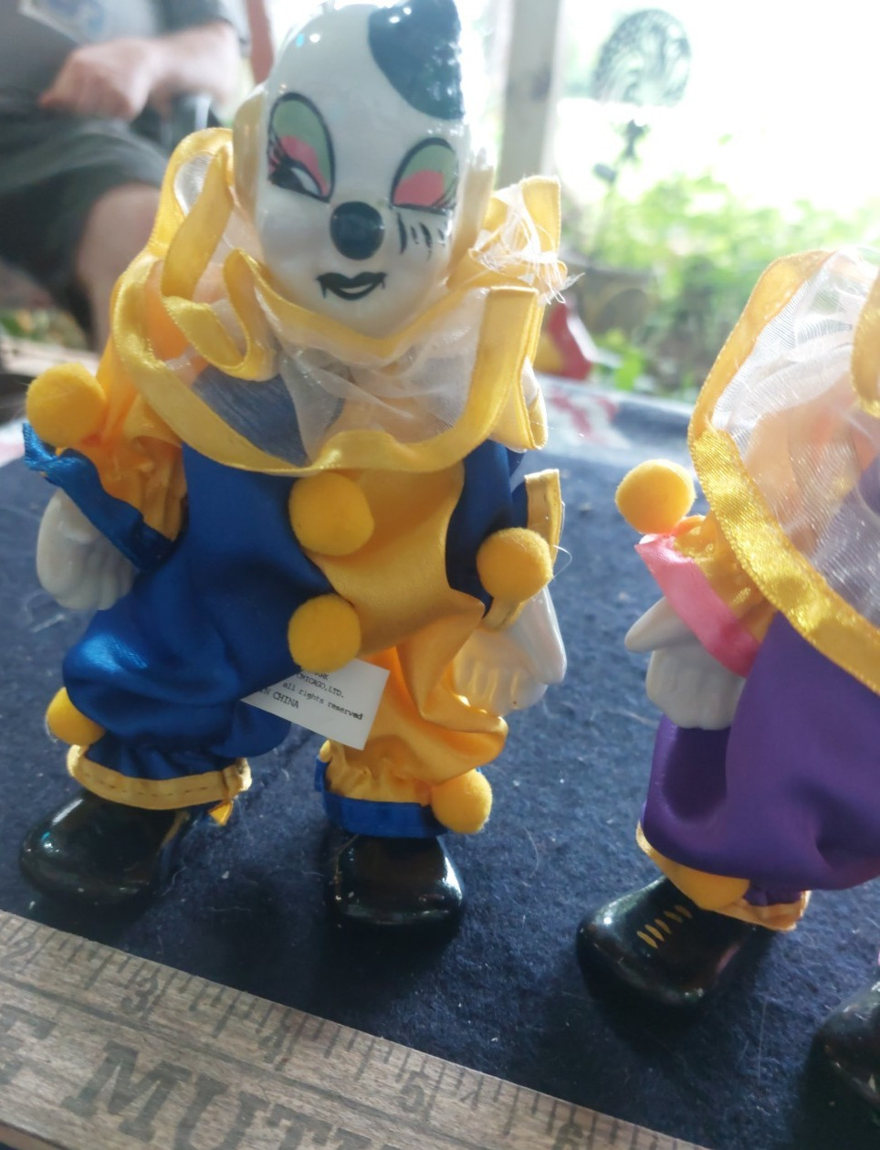 Artmark Porcelain Clown set blue, purple and yellow smiling poseable