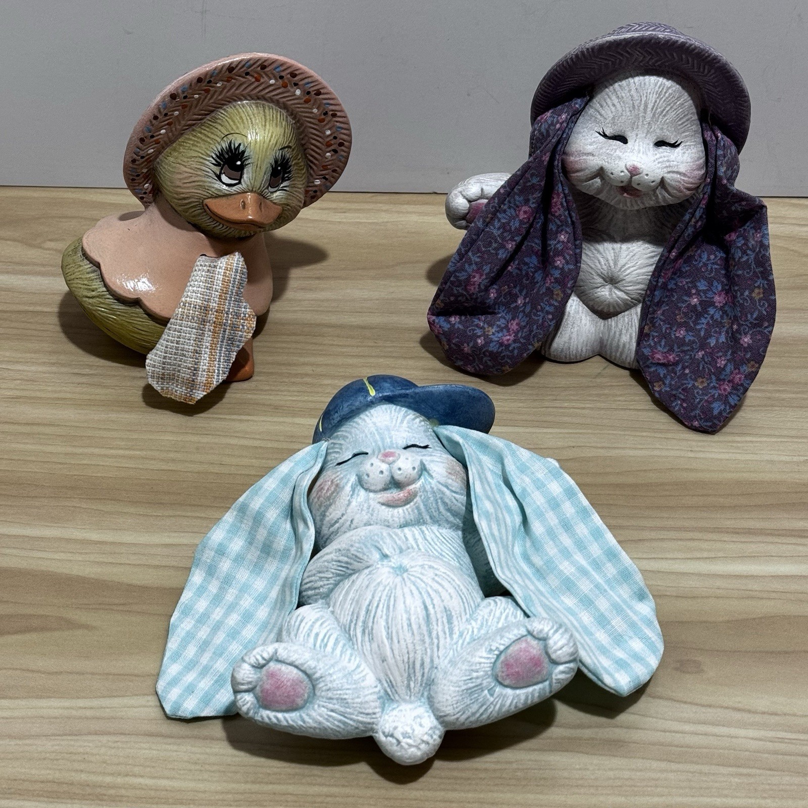 VTG Hand Painted Ceramic Easter Figurines Cloth Ears Bunnies & Fabric Wing Chick