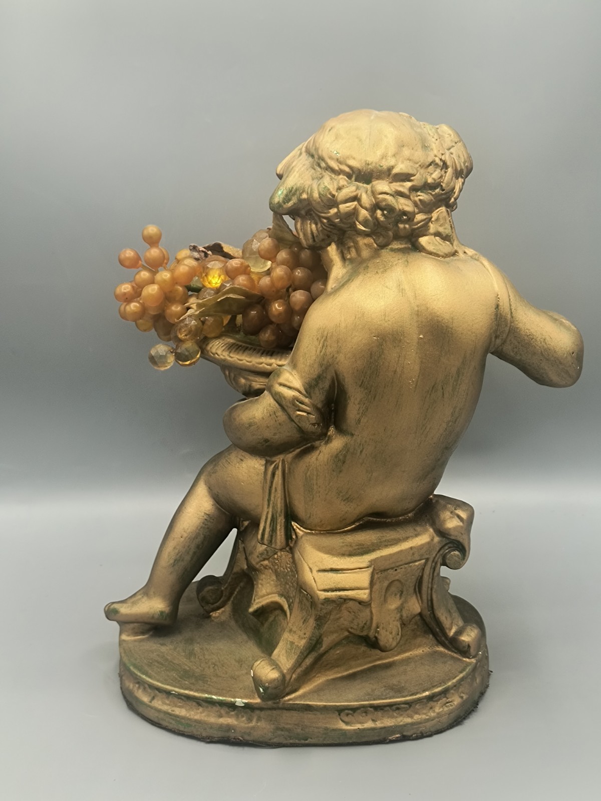 Vintage Plaster Cherub Statue 12″ Antique Gold Pained w/Fruit Bowl Lucite Grapes