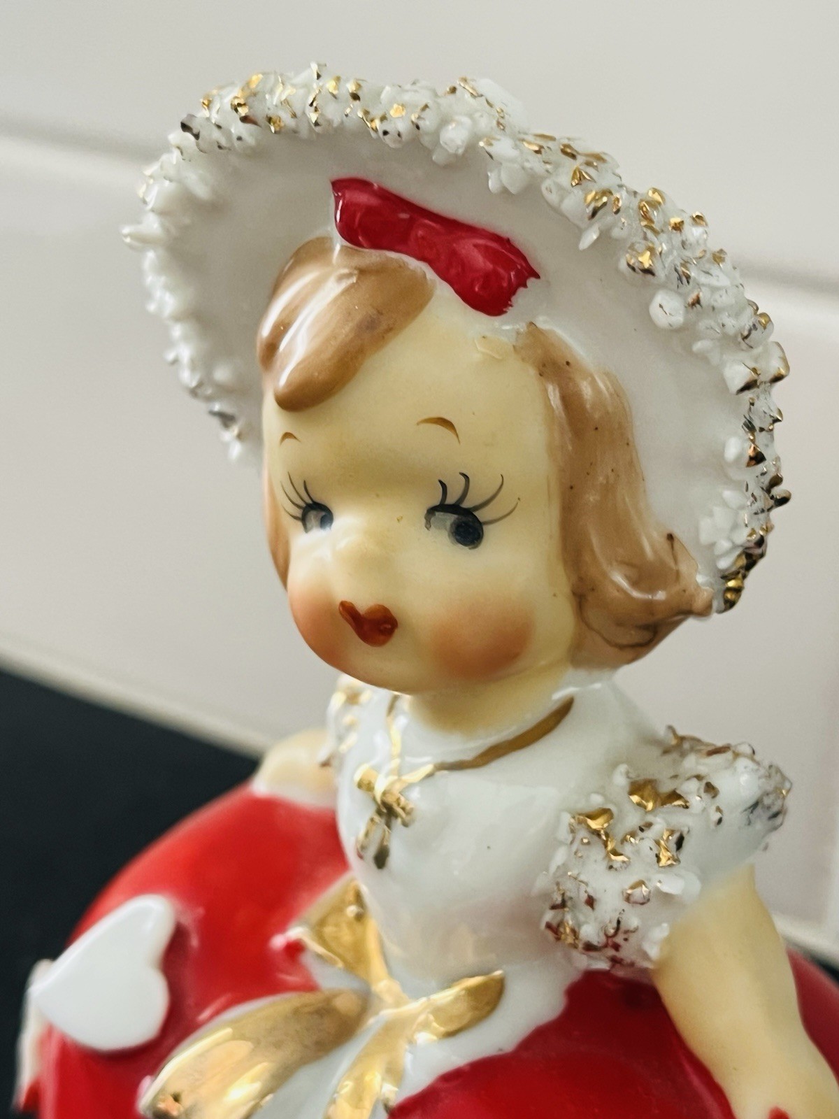 Vintage Lefton Valentine Ceramic Girl Bell Figurine Red Hearts Spaghetti Trim 4″