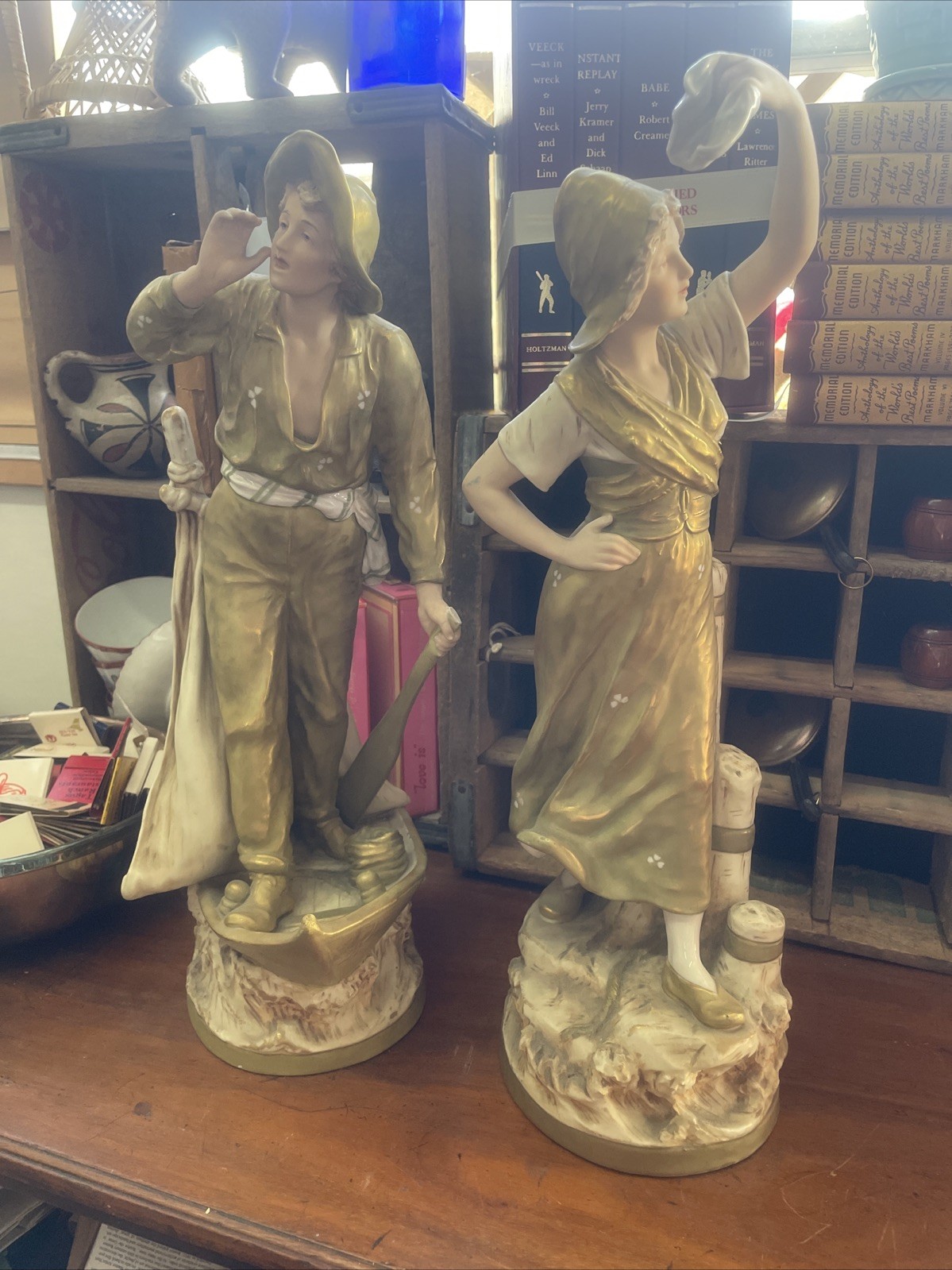 Antique Large Royal Dux Art Nouveau 17” Pair Statues Fisherman Sailor & Maiden