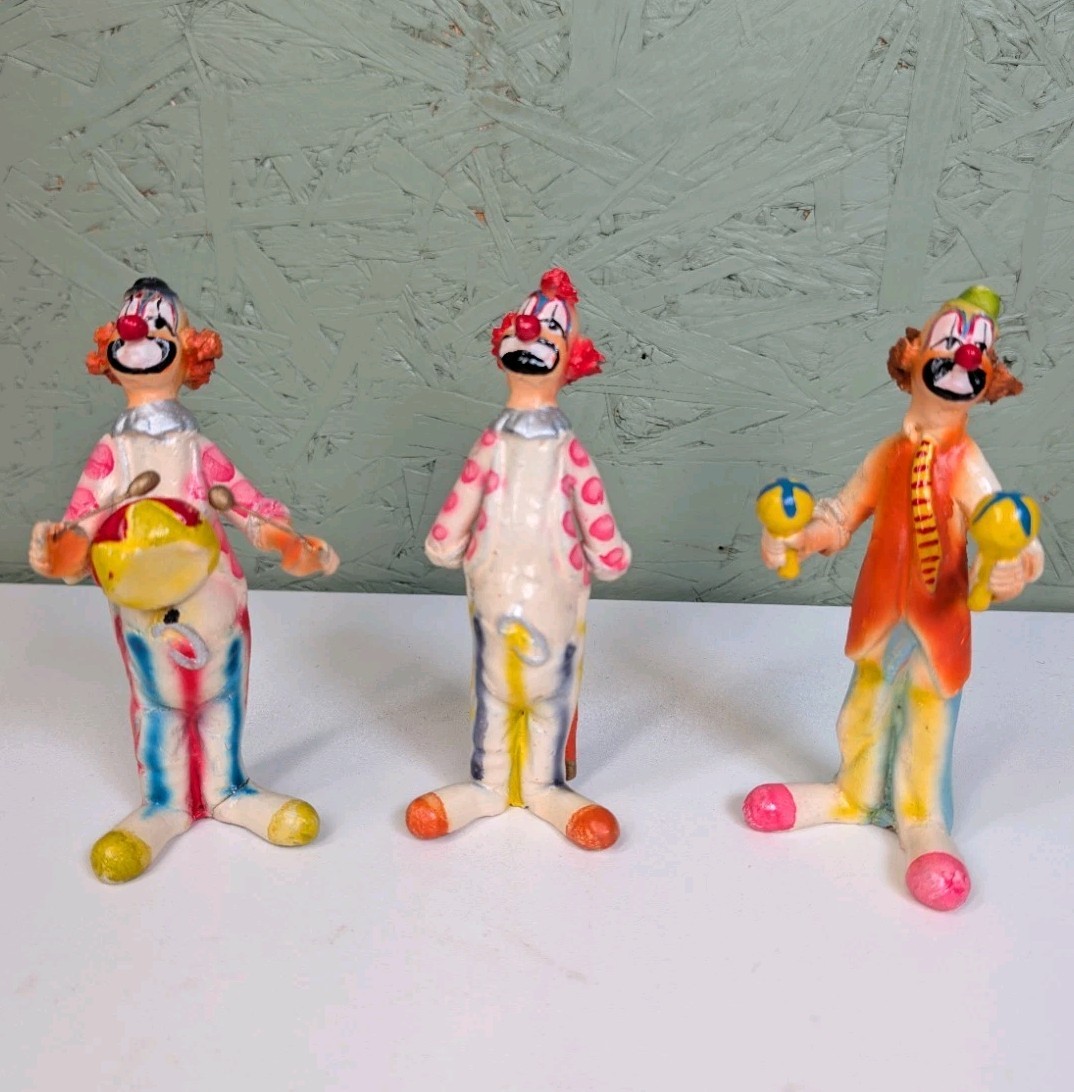 3 Rare Chalkware Free Standing Handmade Clowns