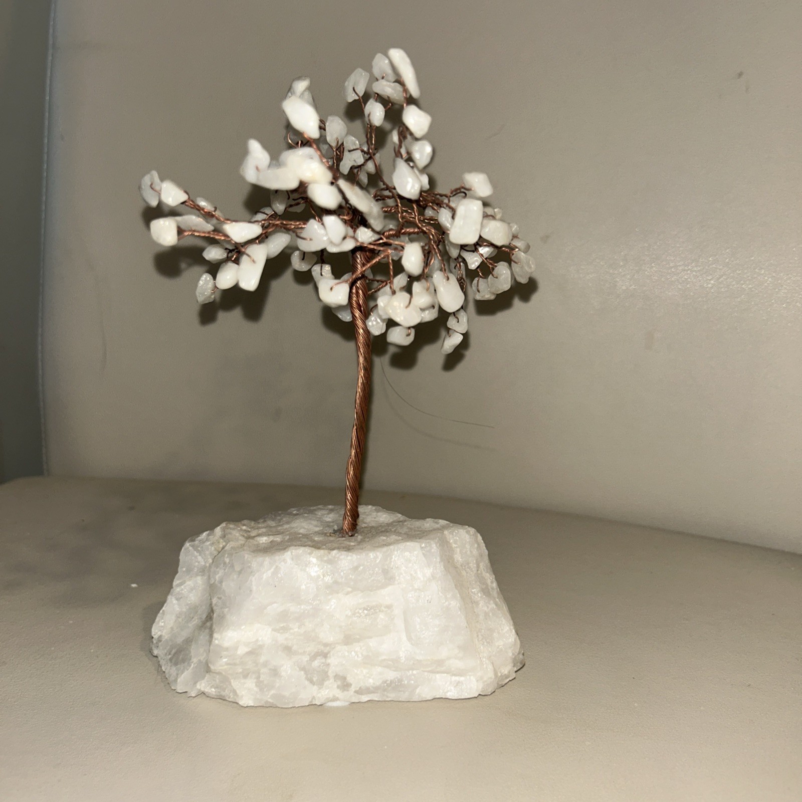 Vintage Bonsai Tree of Life White Jade Quartz Stone Wire Art Sculpture 8” x 6”