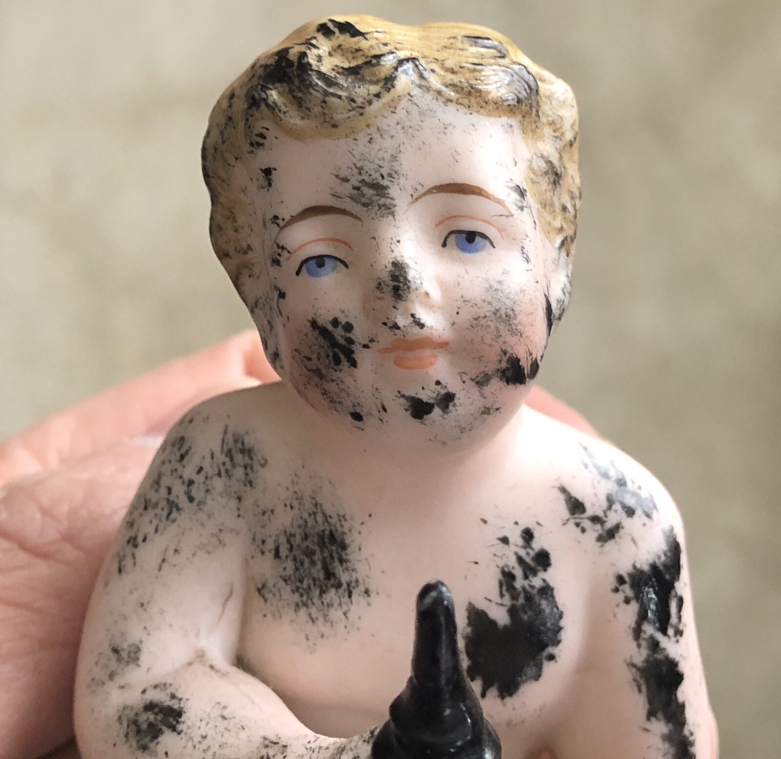 German Bisque Piano Baby with Grease Gun Ink Well Figurine