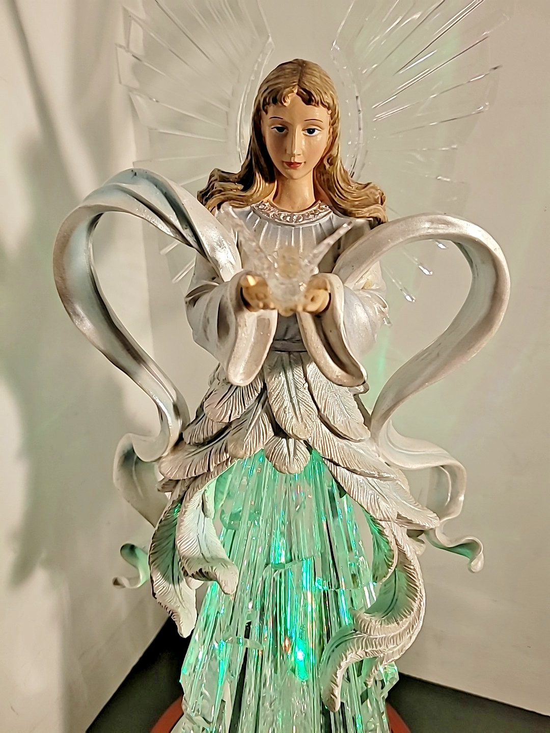 Acrylic Angel Holding Dove Roman LED Figurine Multi Color Lights Mirror WoodBase