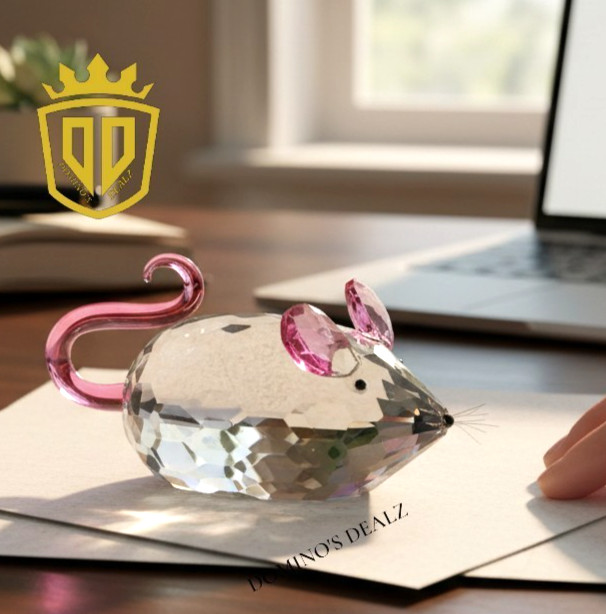 Clear Crystal Mouse Paperweight Pink Ears Tail Collectible Simon Designs 5″