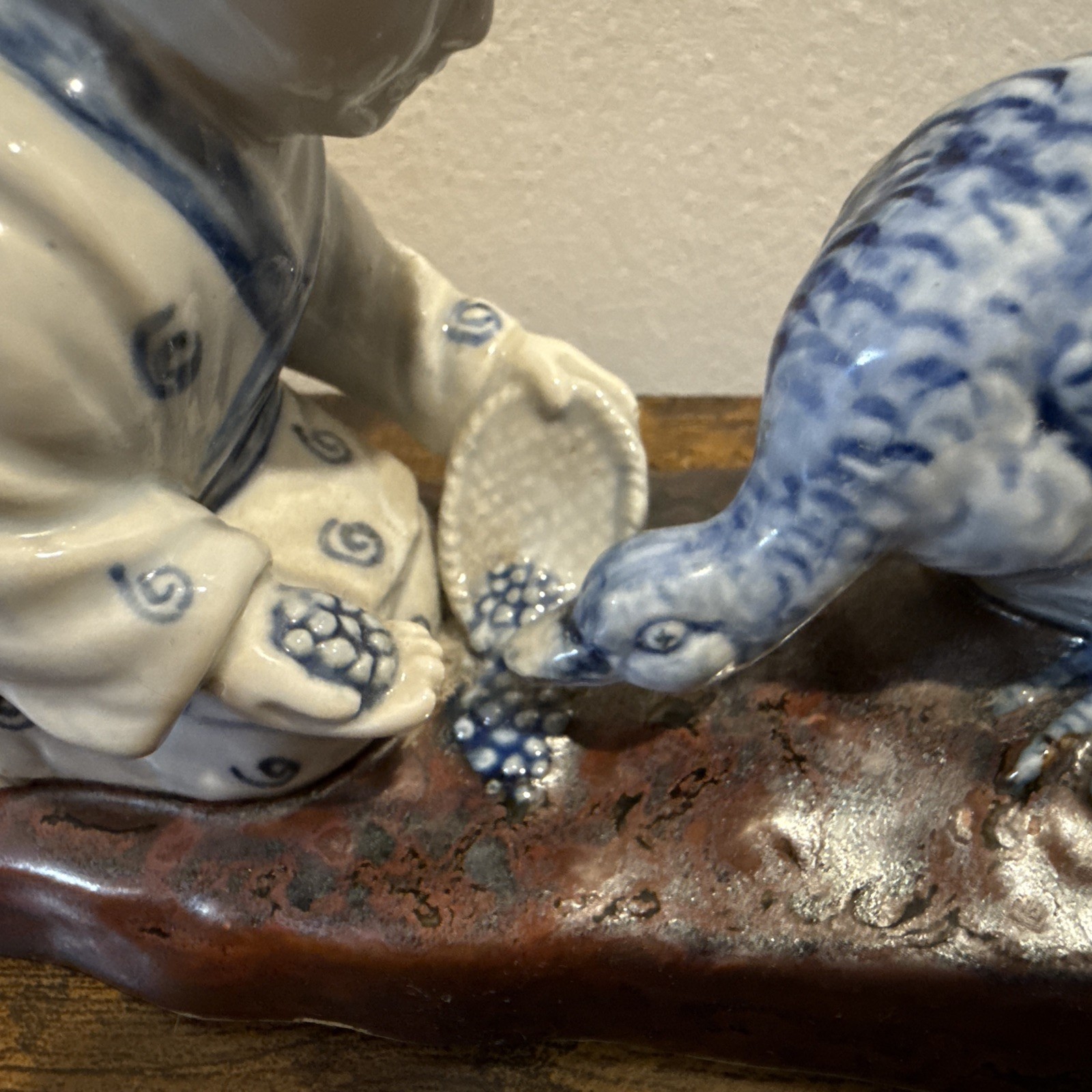 Vintage Chinese delft porcelain Figurine Woman Feeding Ducks Chinoiserie Art