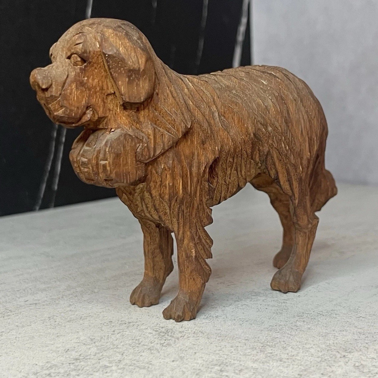 Hand-Carved Wood Saint Bernard Figurine- Black Forest Type- Very Good Condition