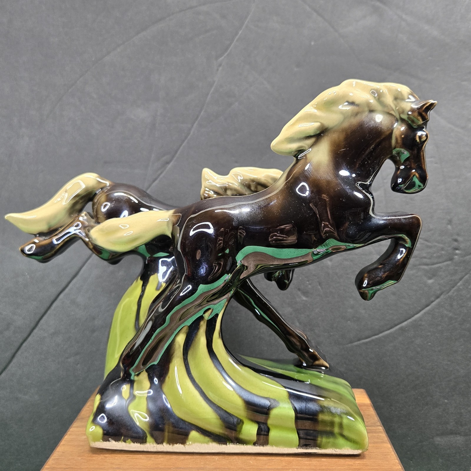 Double Horse Galloping Glazed Ceramic Figurine MCM Art Deco Black & Green Nice!!