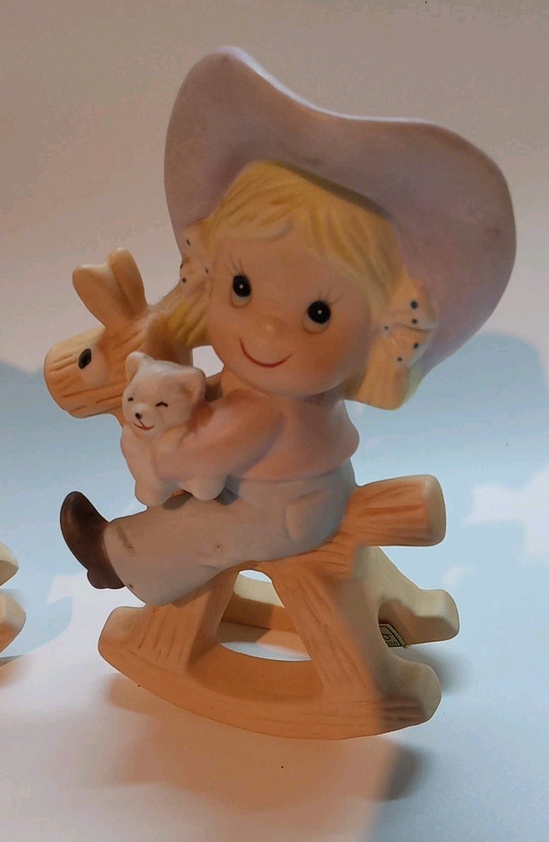 Vintage Homco Cowboy Cowgirl on Rocking Horse Figurines 1417 Foil Label
