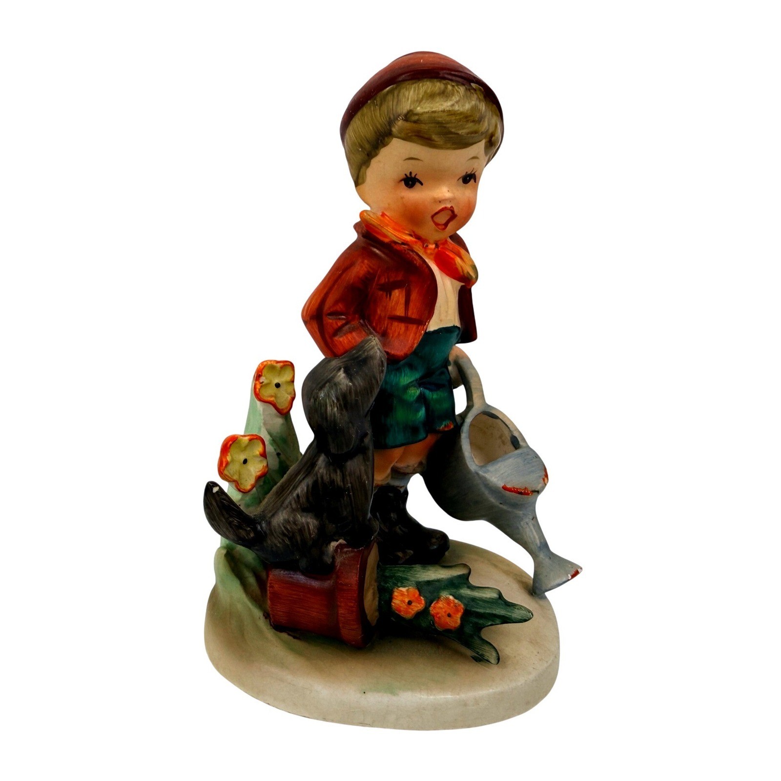 Vintage Boy with Watering Can and Dog Figurine 7961 Hand Painted 5.25″