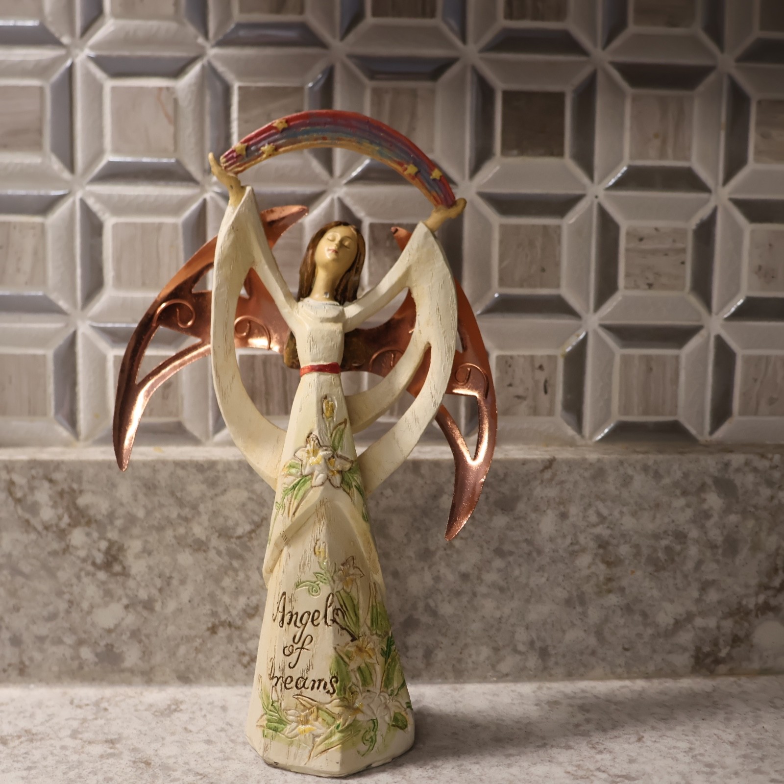 Roman Inc. Angel Figurine – Angel of Dreams – Metal Wings – 9.5″ Tall