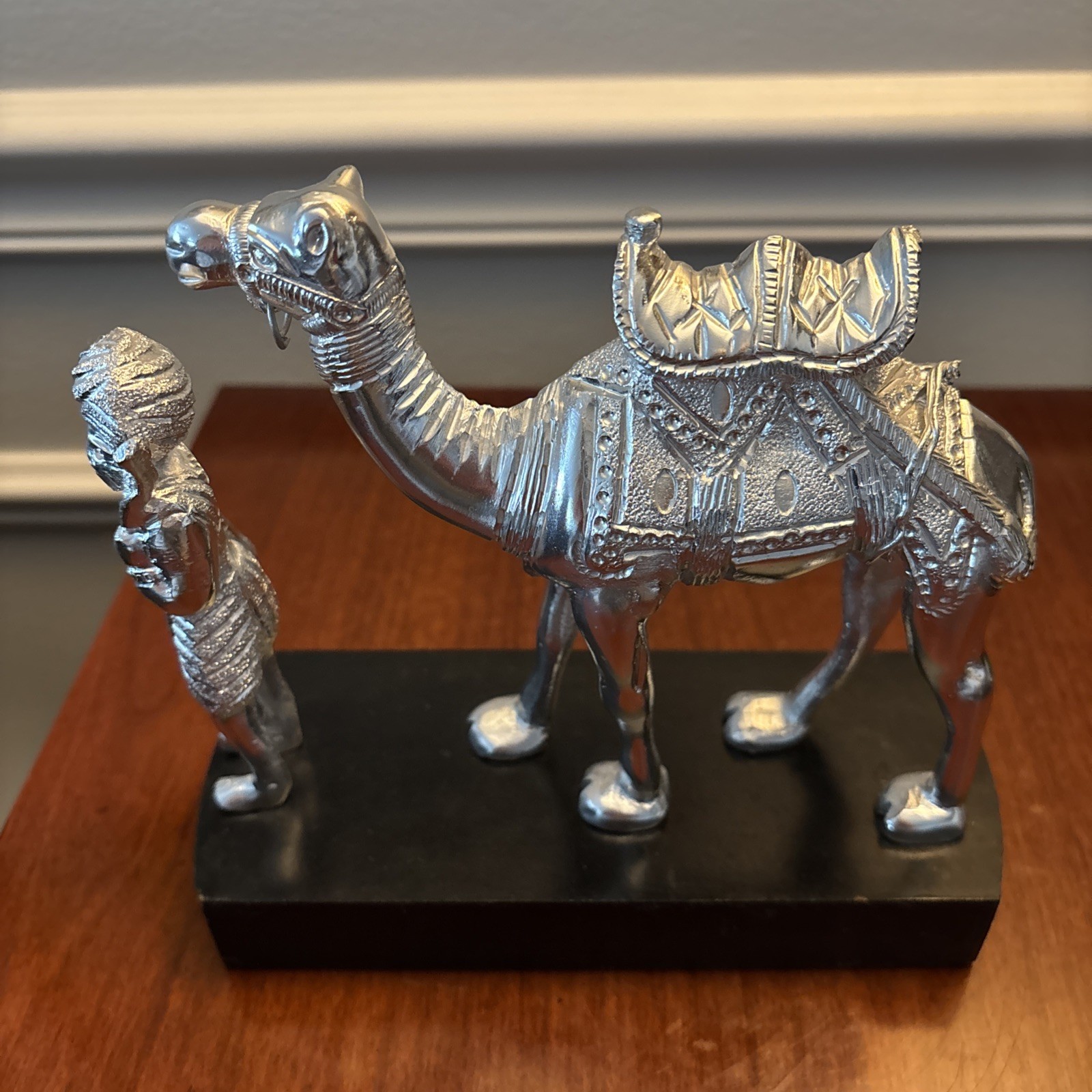 Vintage Silver Metal Plated Man Leading A Camel On Wooden Base Numbered 38/50