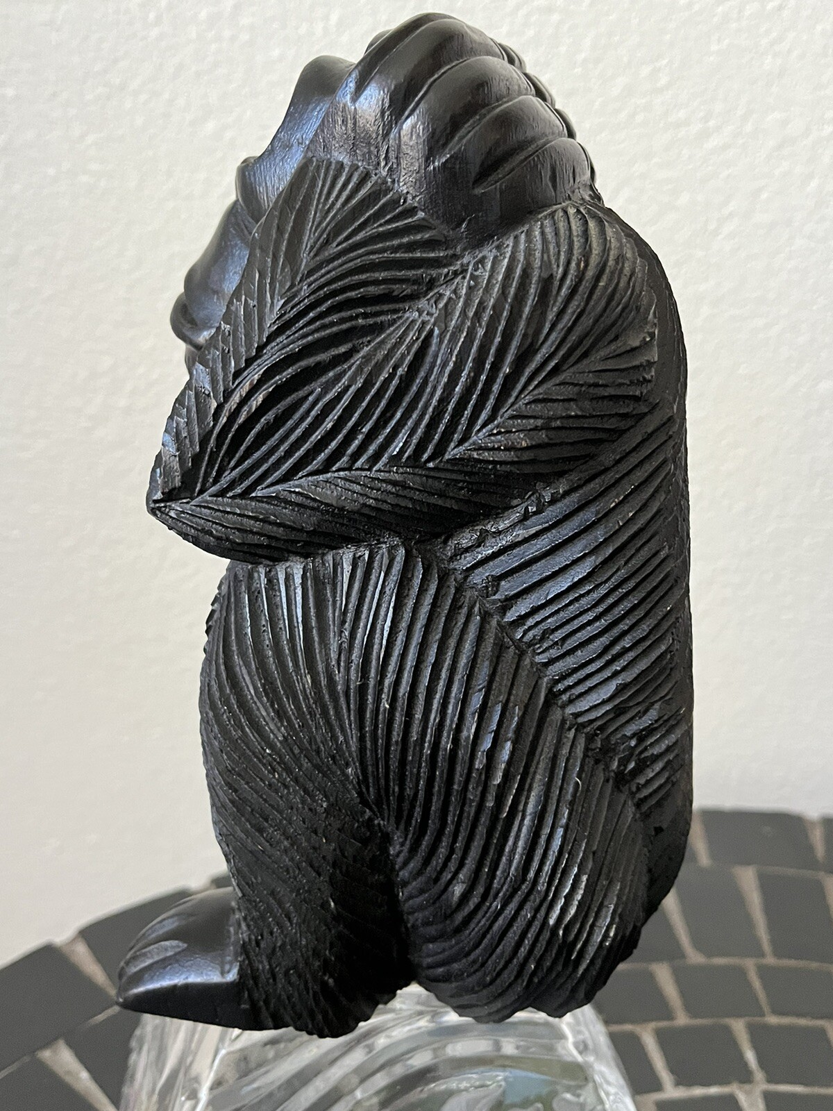 Hand Carved Black Solid Wood ~ Wise Monkeys Hear No Evil Statue 8.25 x 4.5 x 5.5
