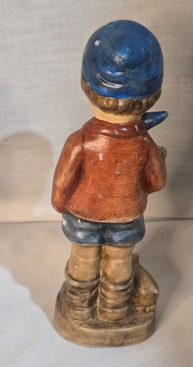 Vintage Chalkware Figurine Hand-Painted Farmers Boy with Pig Hummel Style 8″