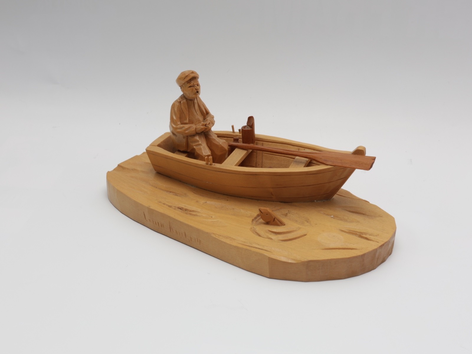 Vintage Signed Hand carved Boat Fisherman AS-IS