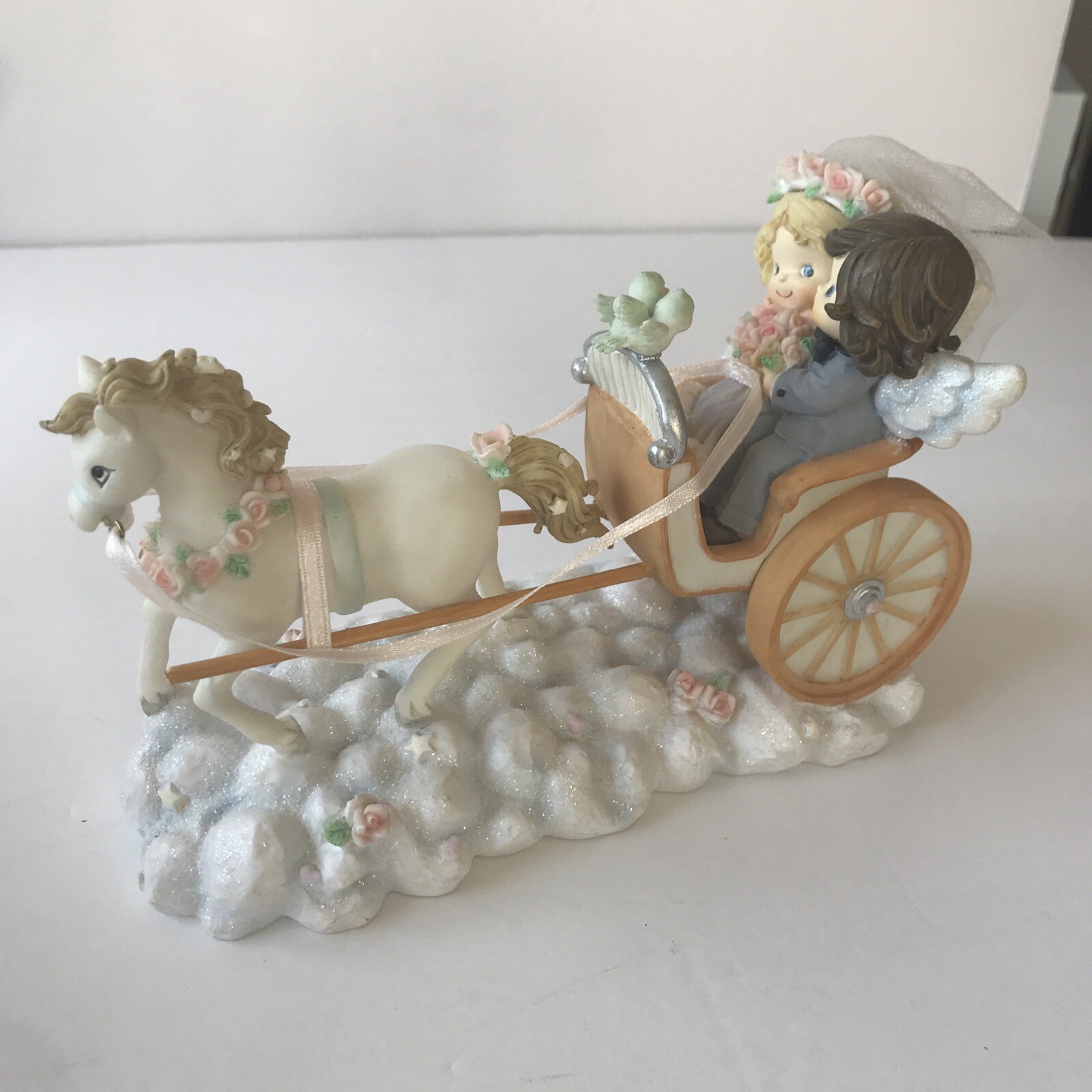Porcelain Bride Groom Horse Drawn Carriage Lived Happily Ever After Cake Topper