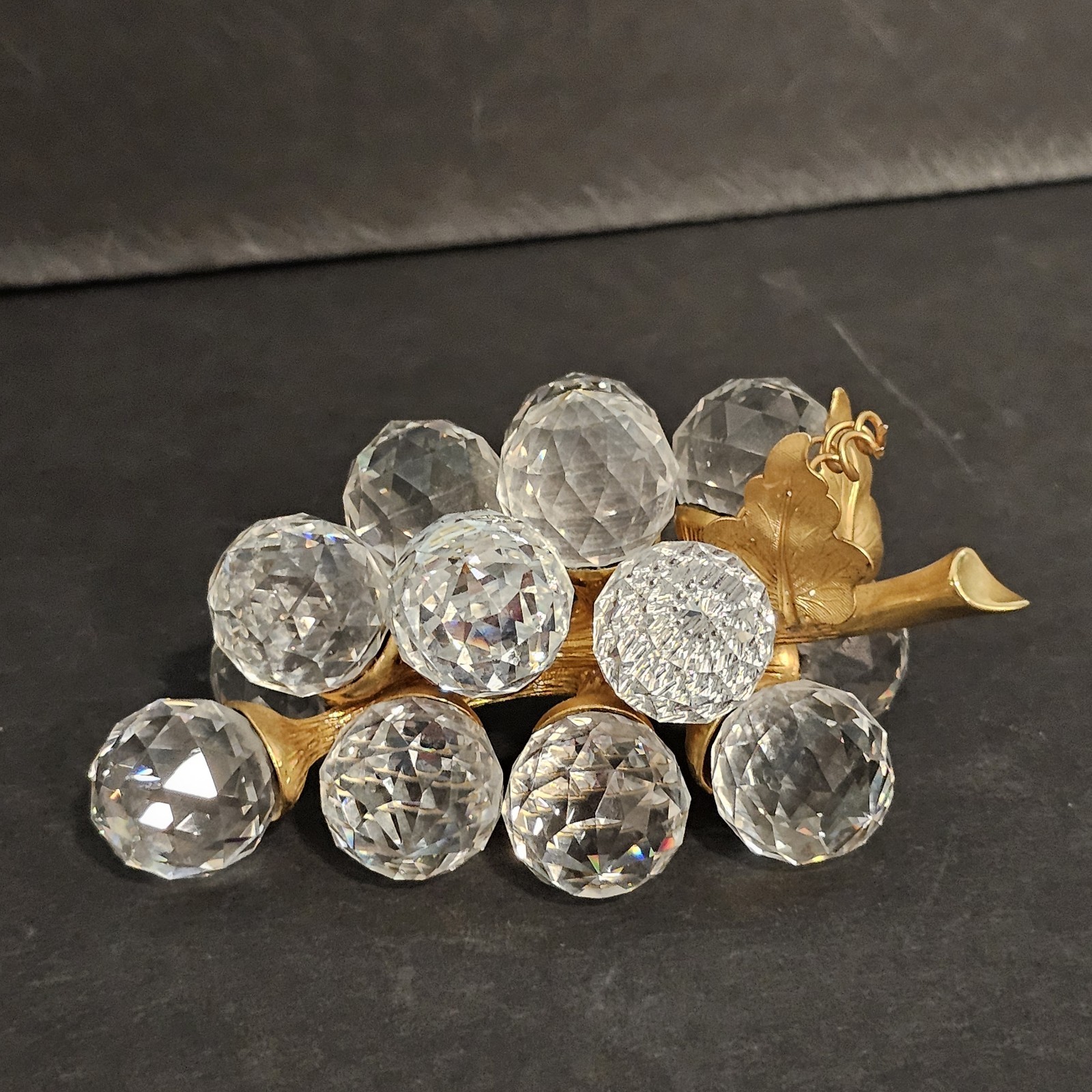 Retired 1980s Swarovski 15 Crystal 3/4″ Multi-Faceted Grapes Cluster Gold Leaves